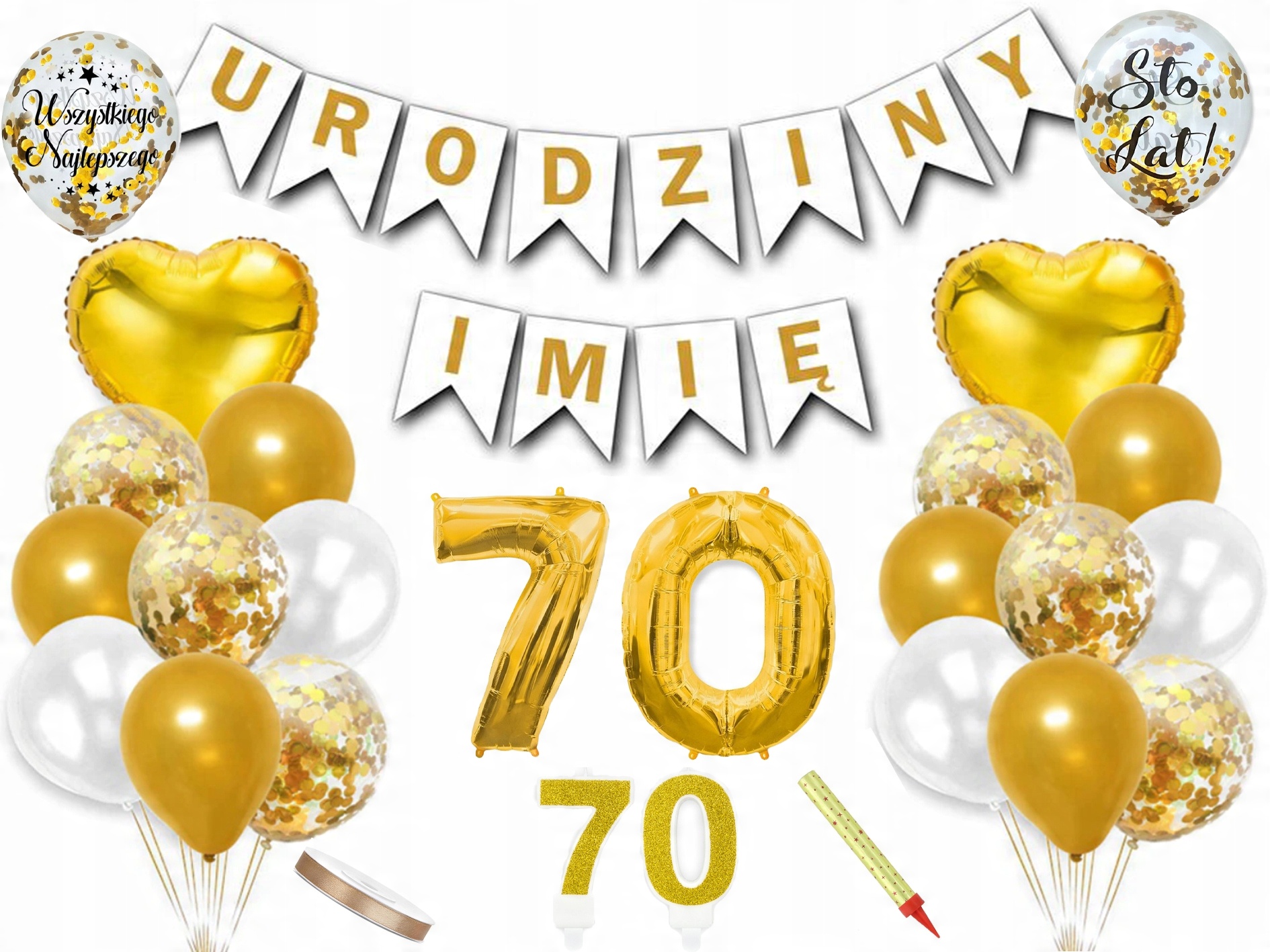 

Zestaw dekoracji na 70 urodziny baner imię balony
