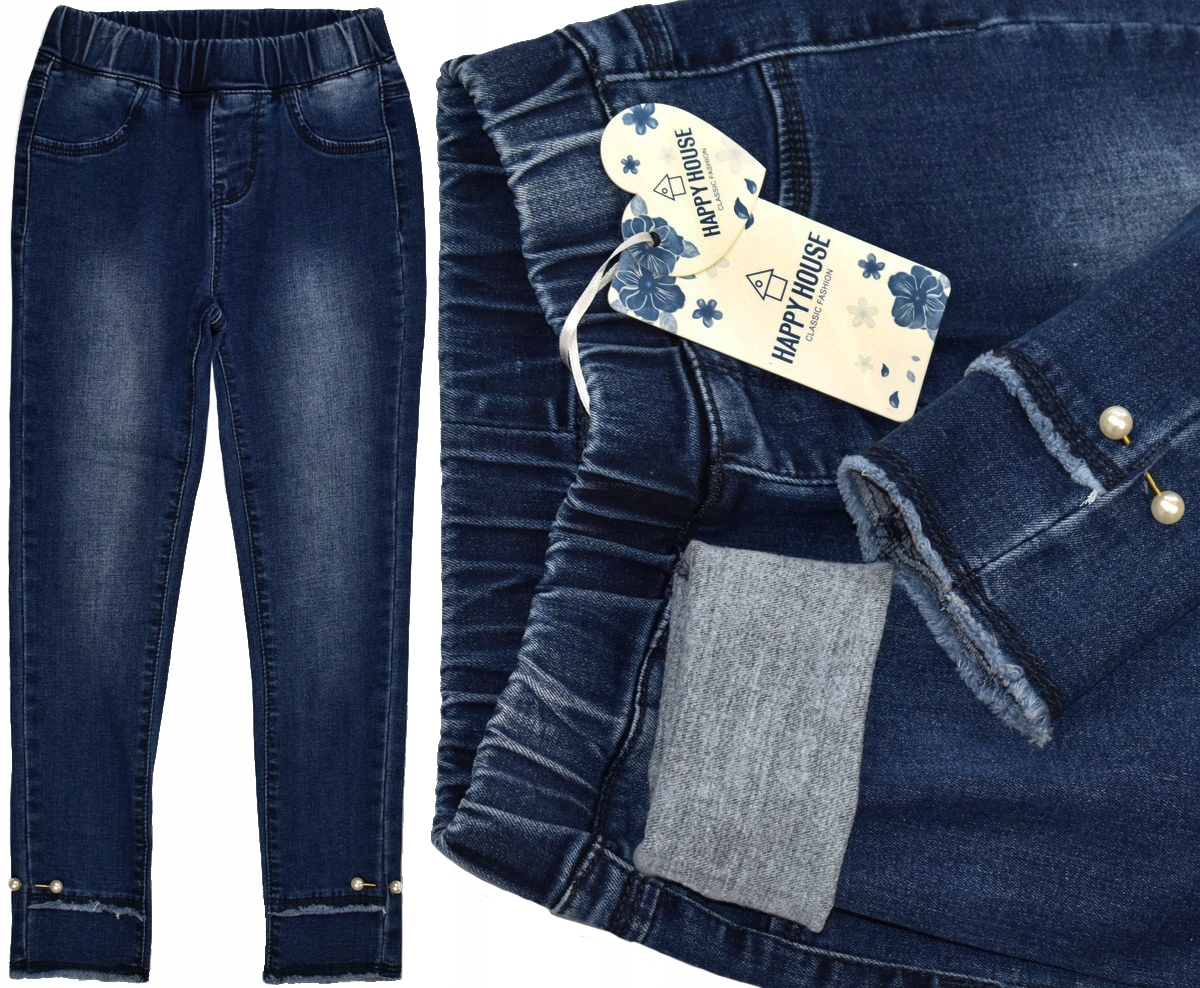 H&H Granatowe Jeansowe Tregginsy Ocieplane Perełki - 122/128