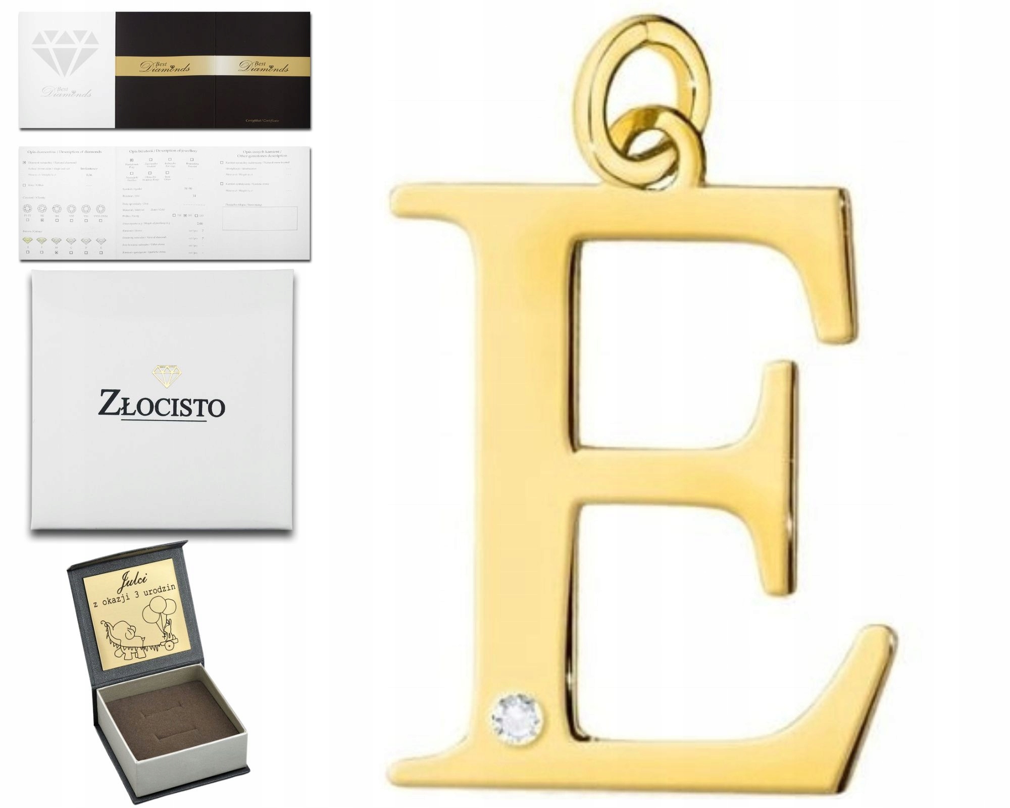 Zlatý Přívěsek Malé Písmenko E S Briliantem Gravírování