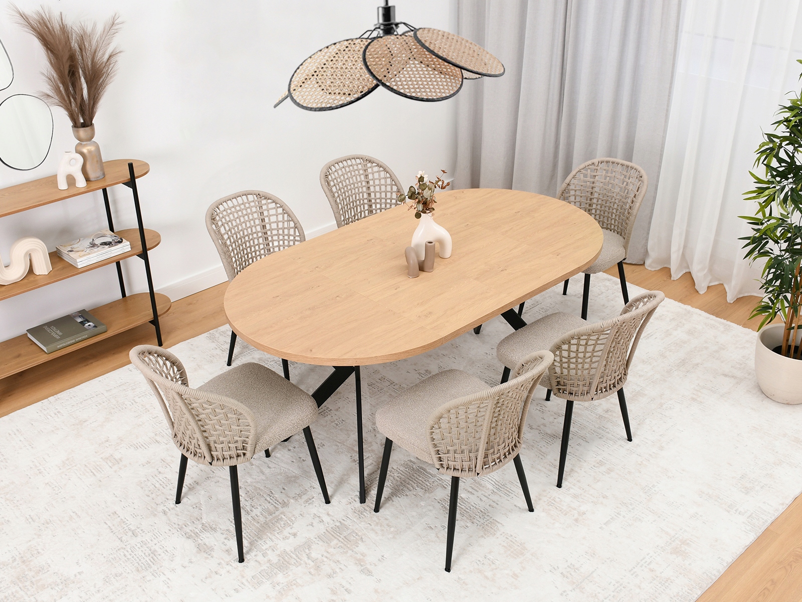 LEKKIE MOCNE KRZESŁO W STYLU BOHO PLECIONE SZNUREM MOE PIASKOWY BEŻ BOUCLE Marka Mebel-Partner