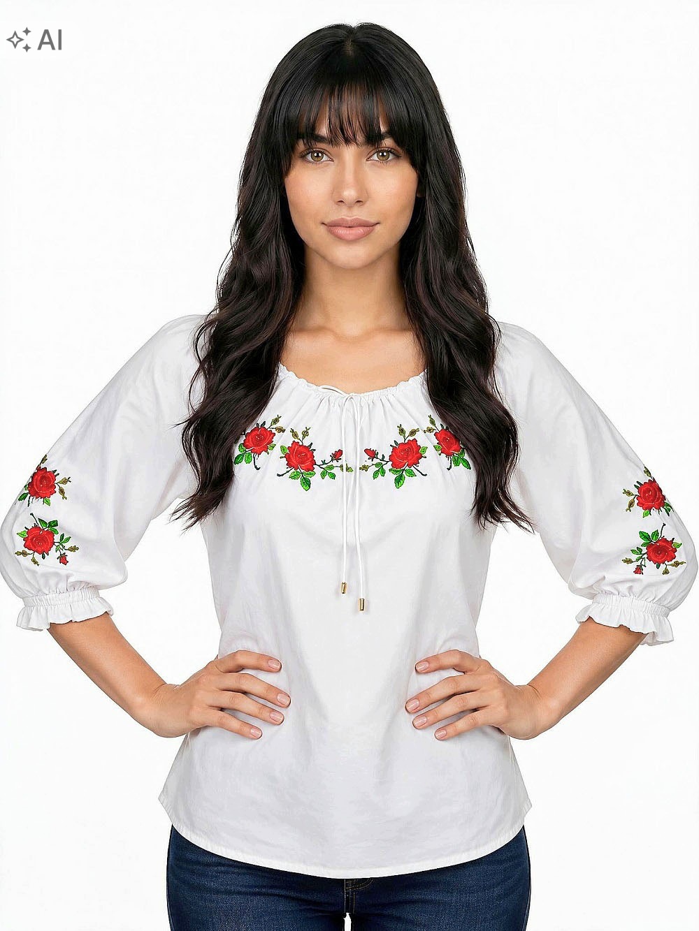 Španělka Folk s růží Halenka 3/4 rukáv Vyšívaná Lidová košile Bílá *6XL*