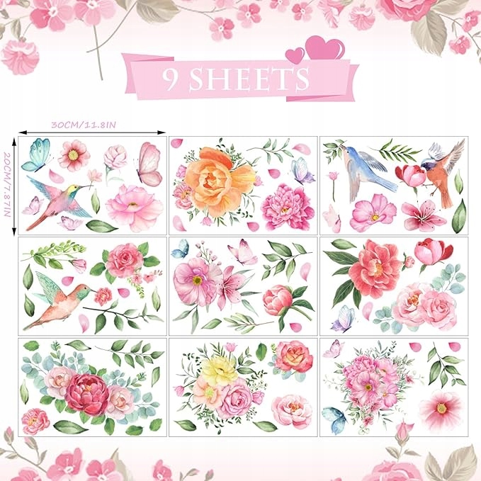 WIOSENNE NAKLEJKI NA OKNO LUSTRO KWIATY PTAKI 9arkuszy