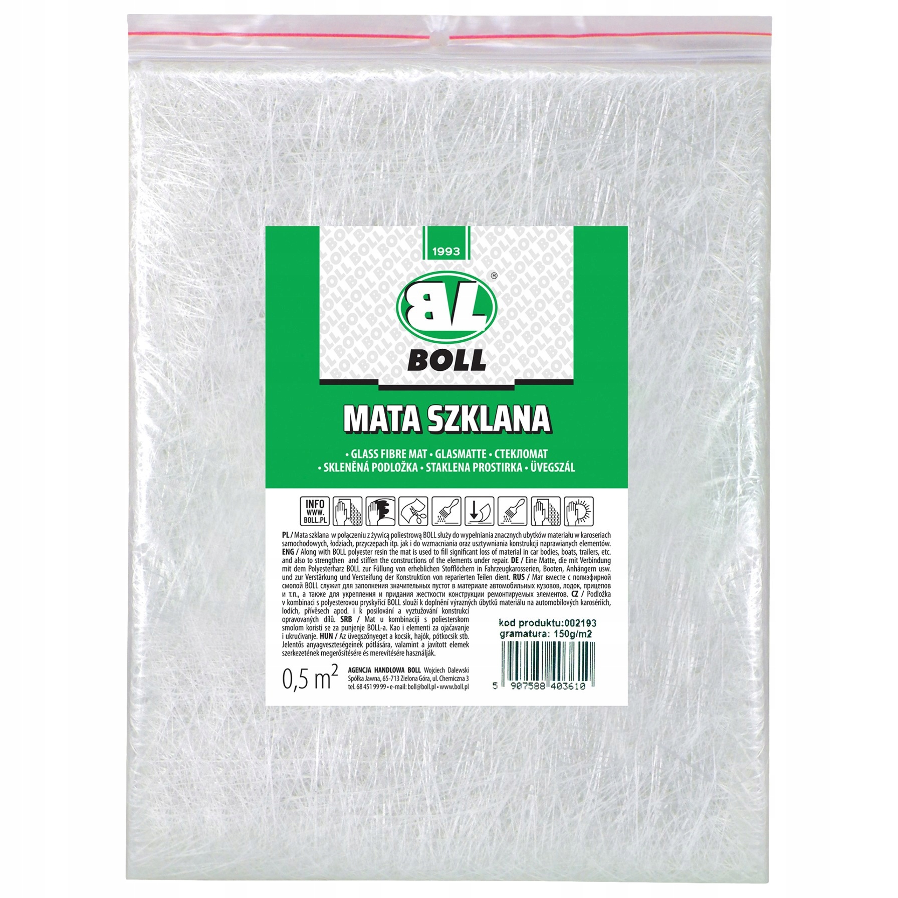 BOLL Mata szklana 150g/m2 wymiar 0,5m2 002193