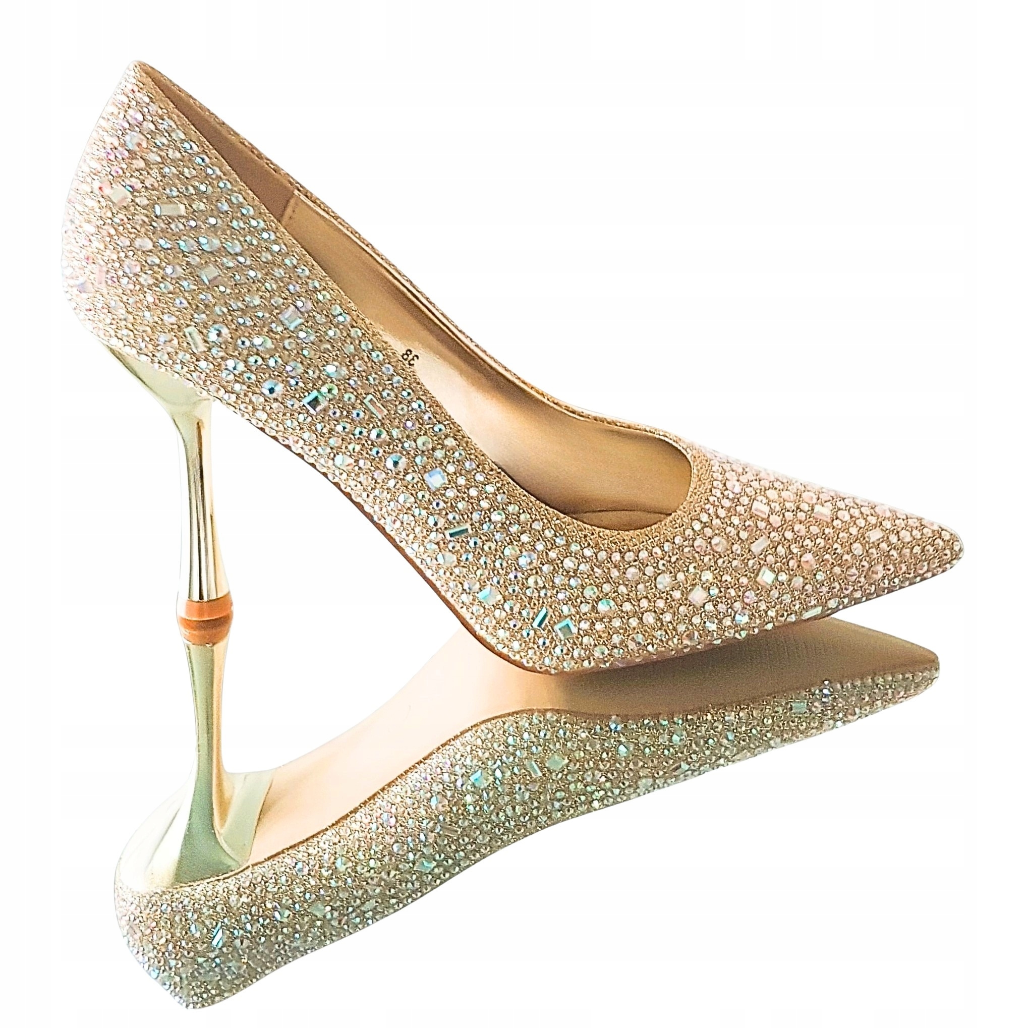 Złote Buty Czółenka Lustrzane 9 Cm Szpilki Glamour Brokat Cyrkonie 41