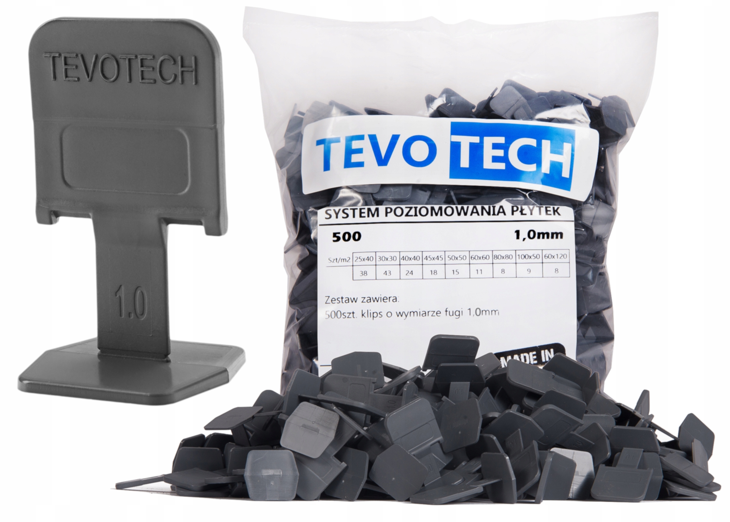 

System Poziomowania Płytek Tevotech 500szt. 1,0mm