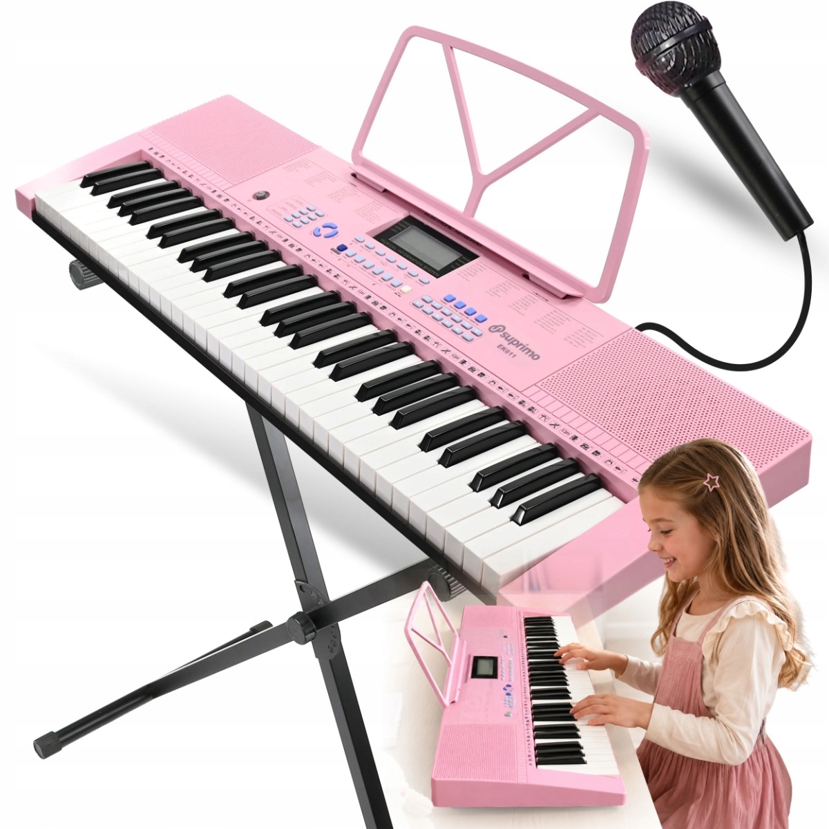 Keyboard Klavírní Varhany 61 Kláves Pro Výuku Pro Dívku Růžová Stativ