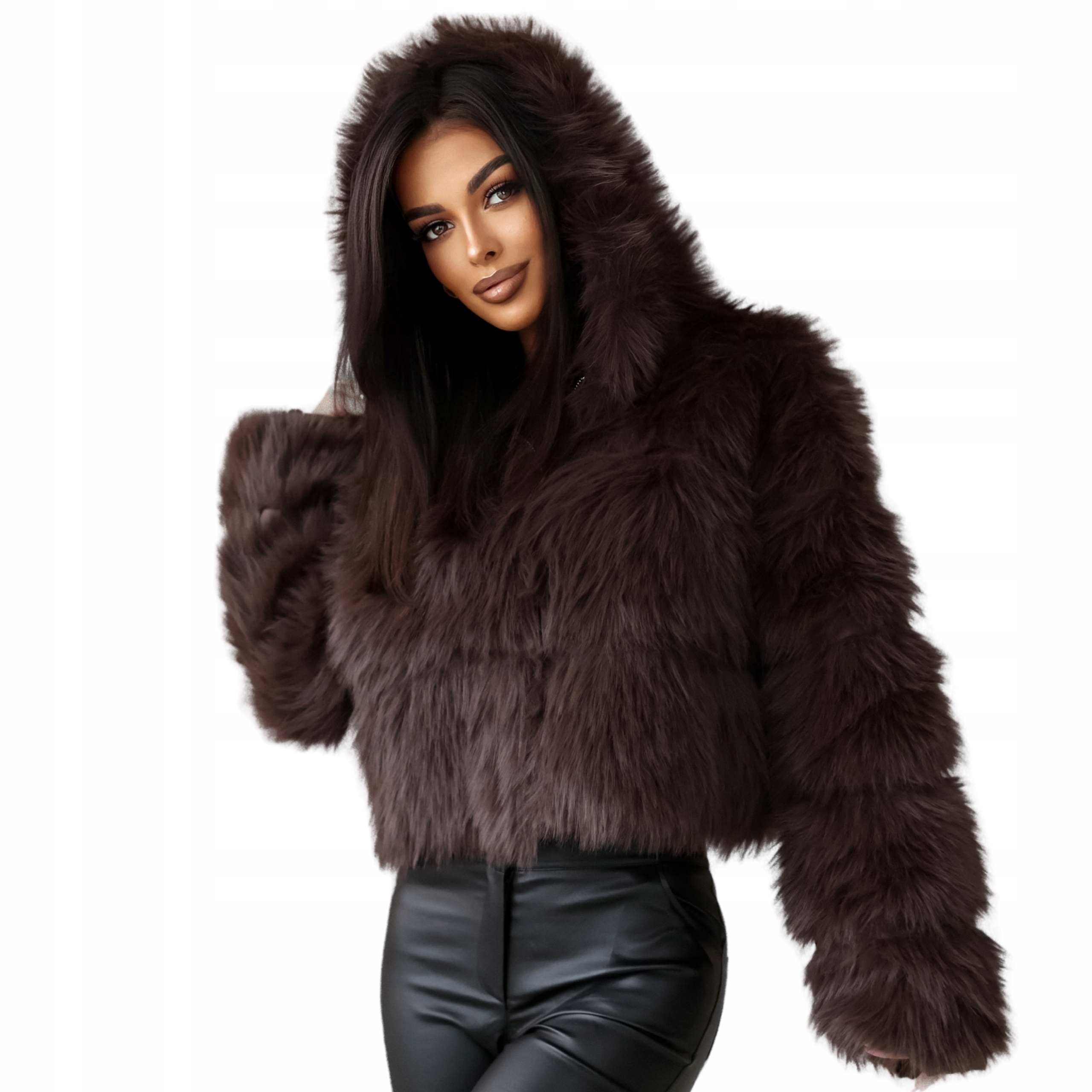 Kožíšek s kapucí krátká dámská kožešinová bunda hnědá čokoláda Uni S M