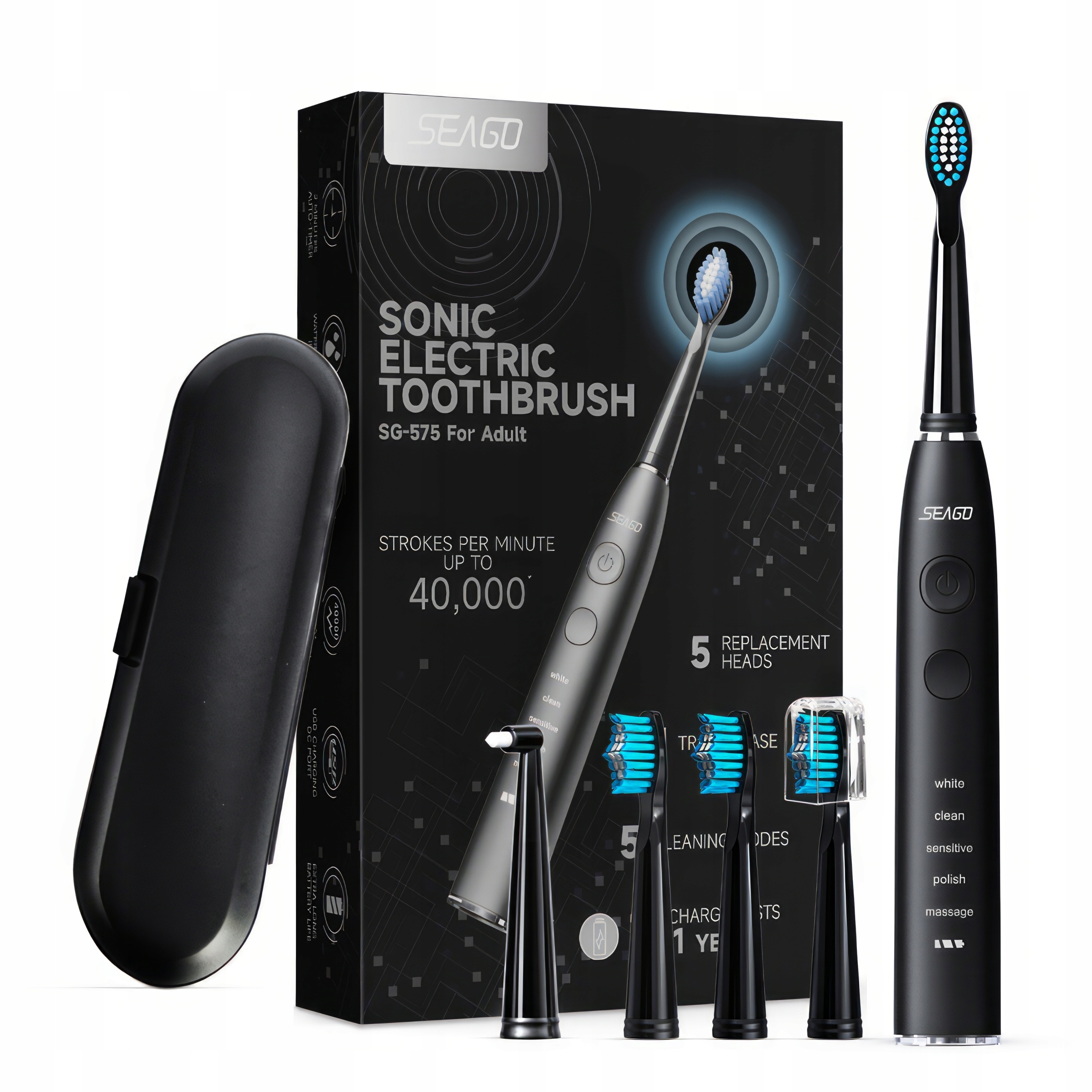 Szczoteczka Soniczna Do Zębów Elektryczna Seago SG-575 Etui Końcówki Pro