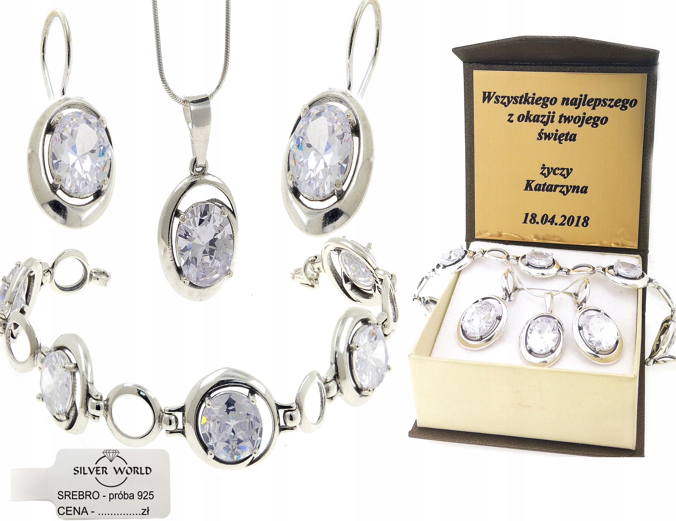 

Komplet Srebrny 925.Cyrkonie Swarovski +grawer.