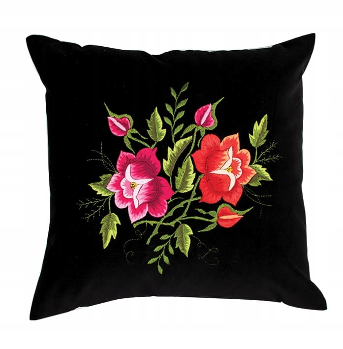 Černý Polštář Z Folkového Sametu Rybářská Výšivka Barevné Růže
