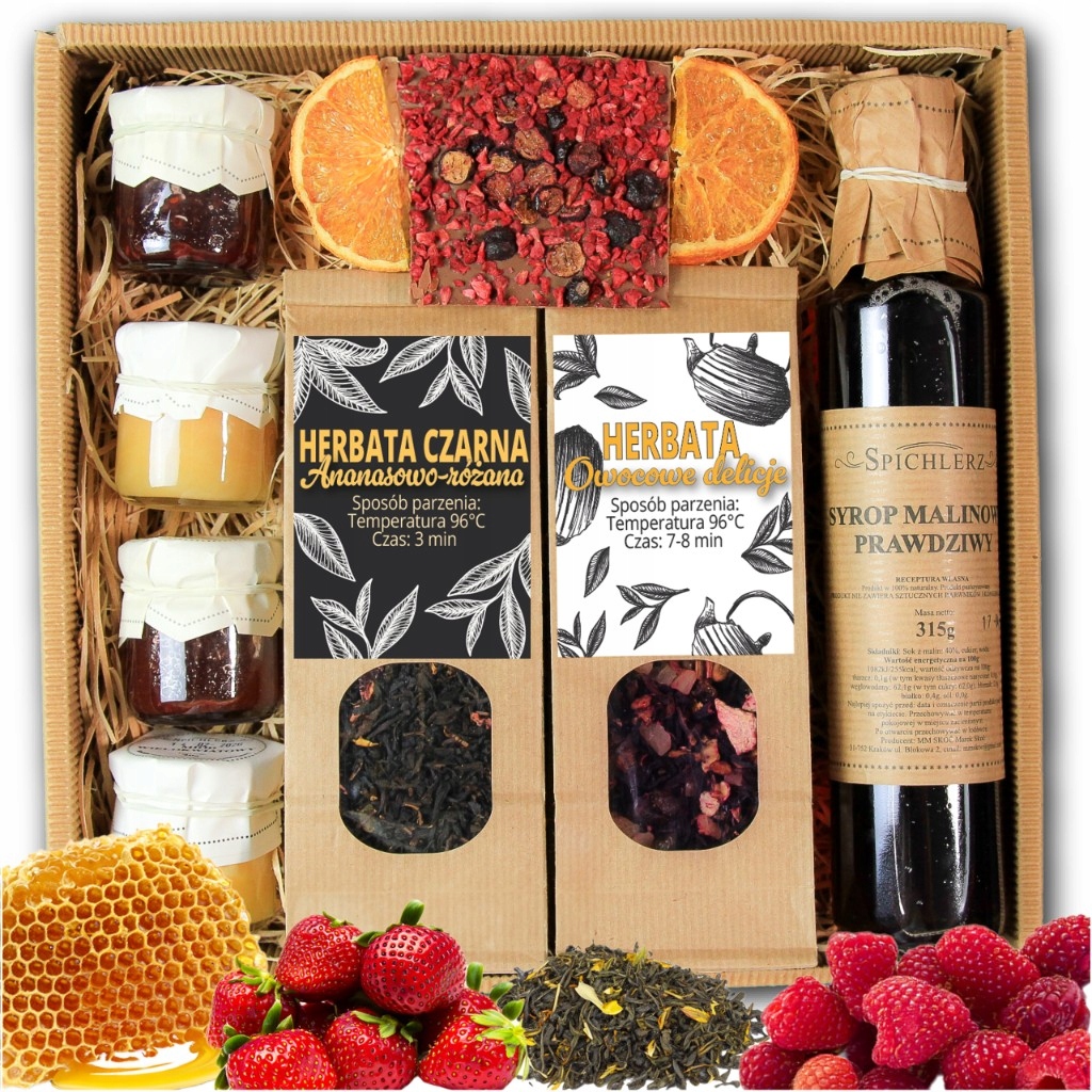 Kosz Prezentowy Zestaw Herbat Przetwory Czekolada Konfitury Miód