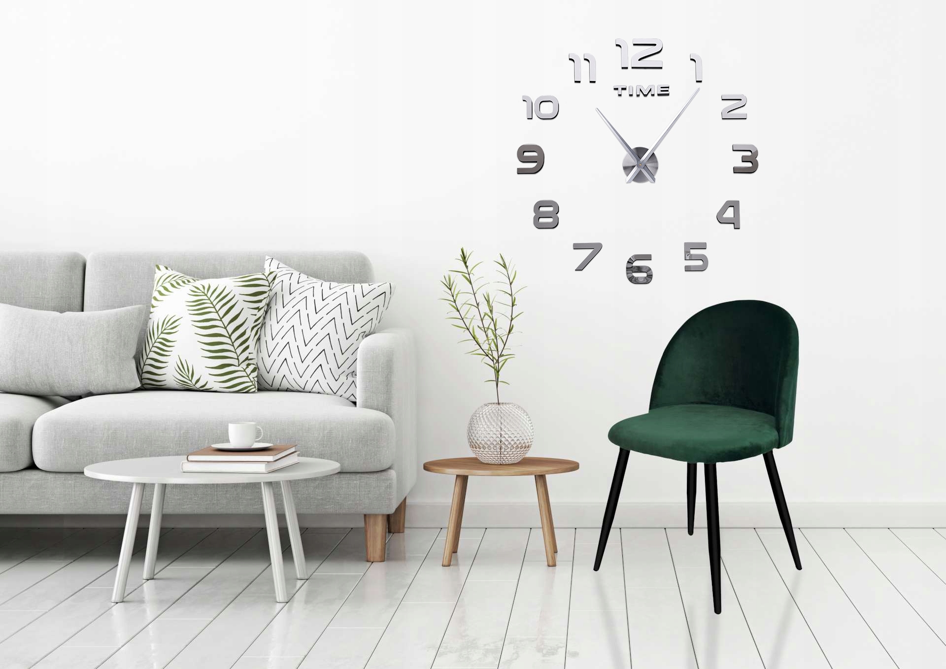 ZEGAR ŚCIENNY DIY DUŻY NAKLEJANY NA ŚCIANĘ 3D CICHY 65-120CM SREBRNY LUSTRO Zasilanie baterie