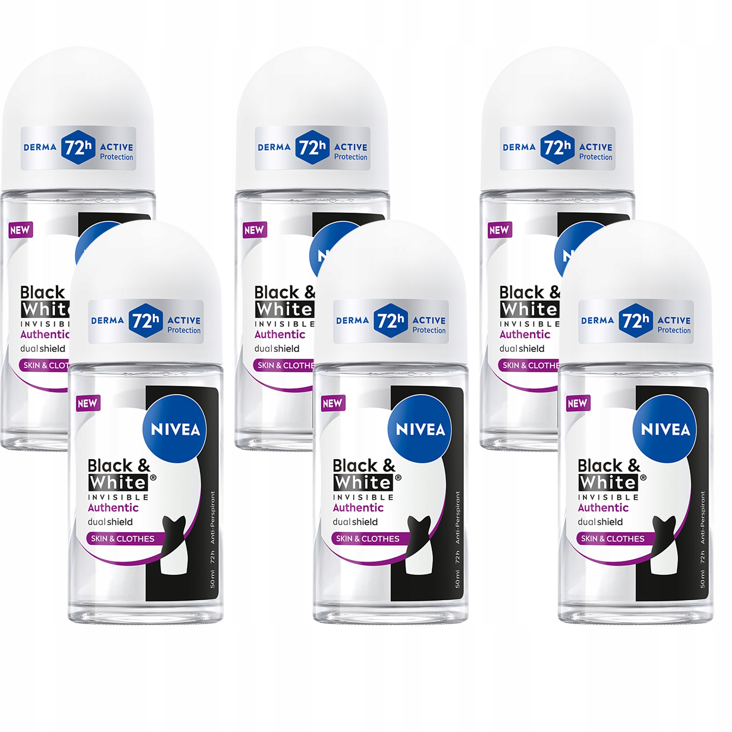 6 x Nivea Black&White Authentic Dámský antiperspirant kuličkový 72h 50 ml