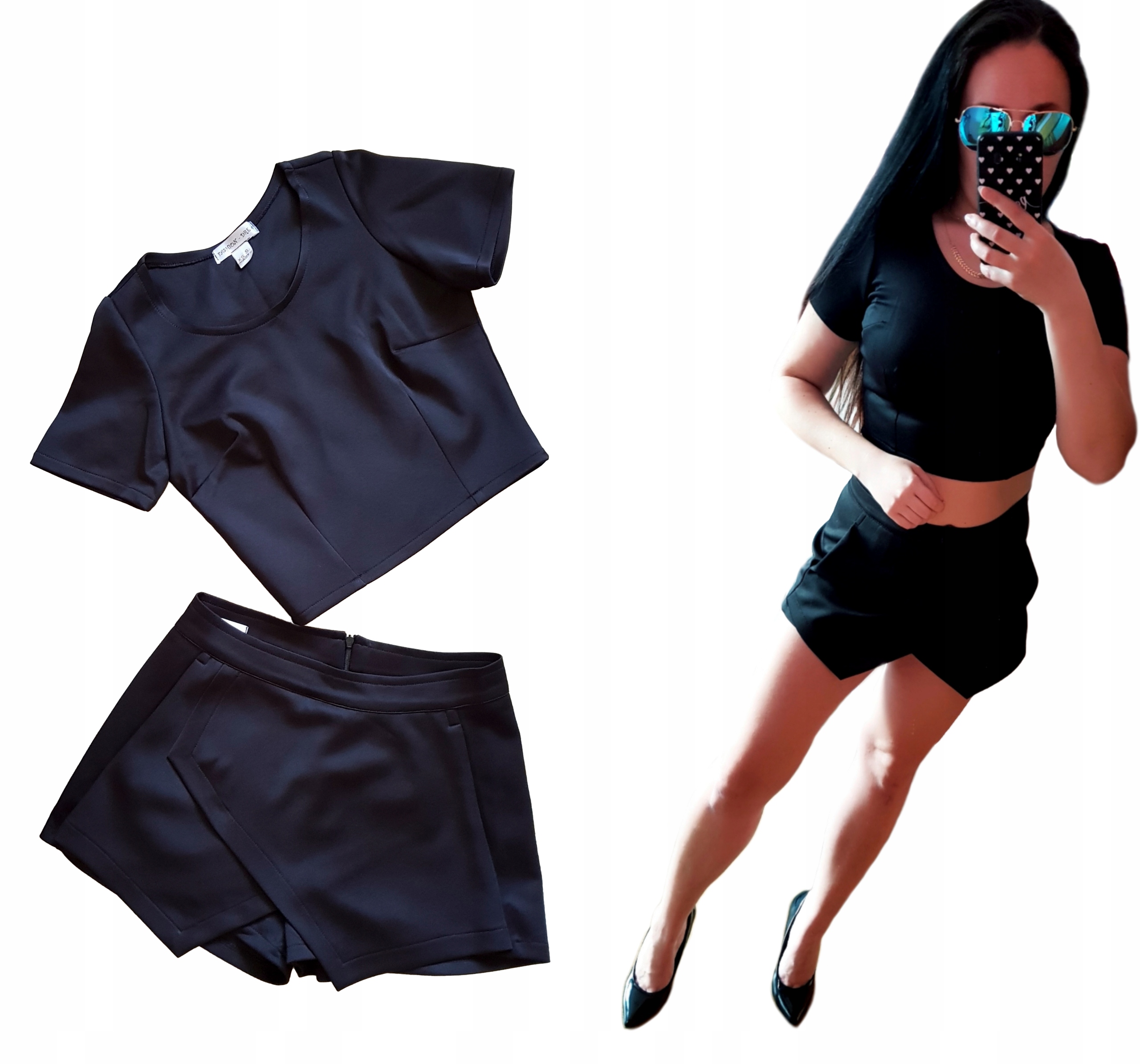 CZARNY KOMPLET ZESTAW BLUZKA Top + SPODENKI ASYMTERYCZNE z KIESZENIAMI M