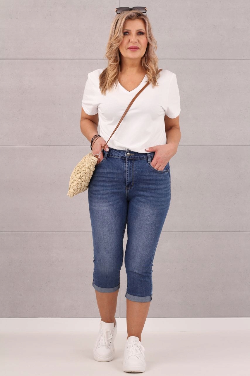 SPODENKI JEANSOWE RYBACZKI ZA KOLANO DUŻE ROZMIARY BAWEŁNIANE MODELUJĄCE Marka FEMIMODA