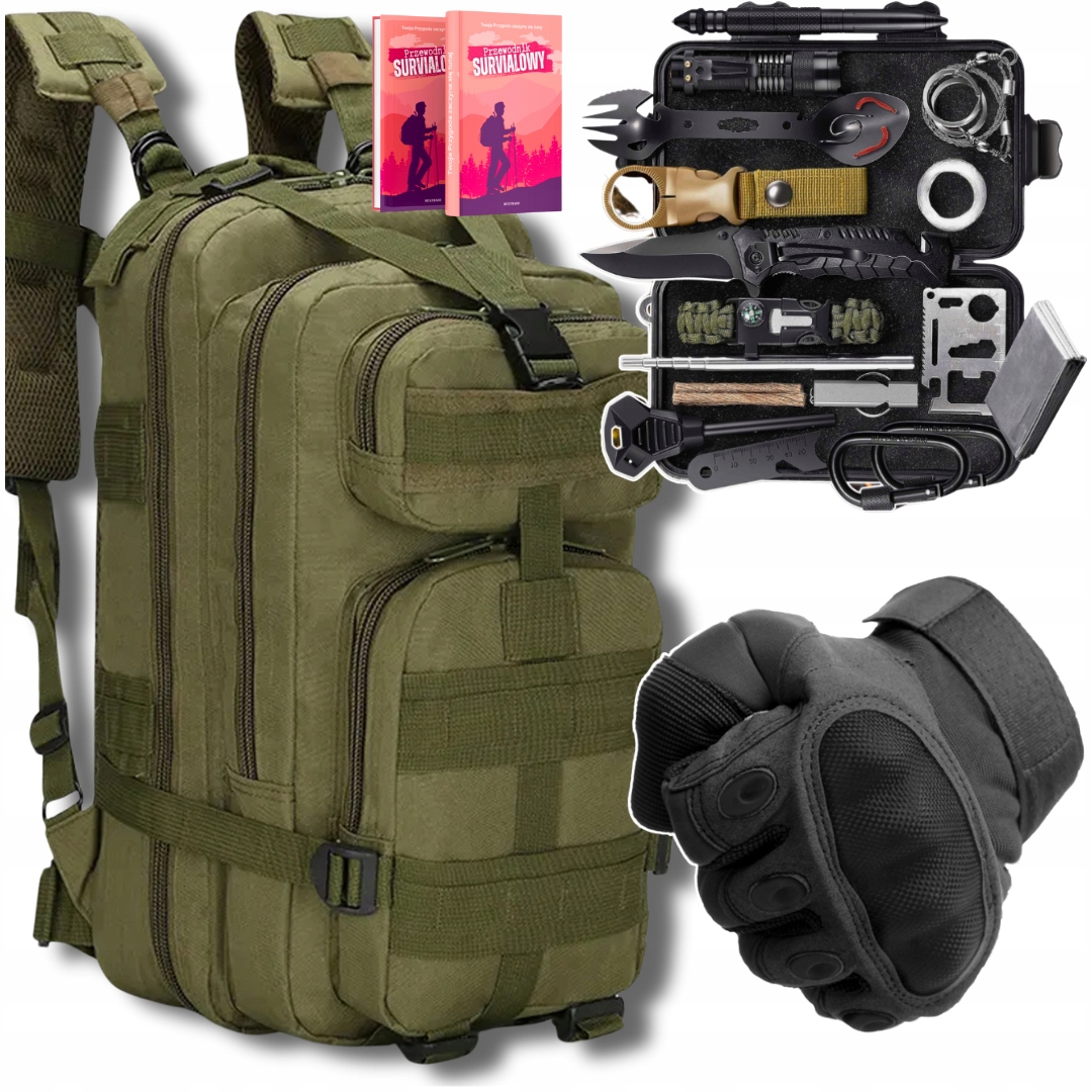 Set Bushcraft 32w1 Plecak Wojskowy Sportowy 35L Rękawice Czarne r. XL