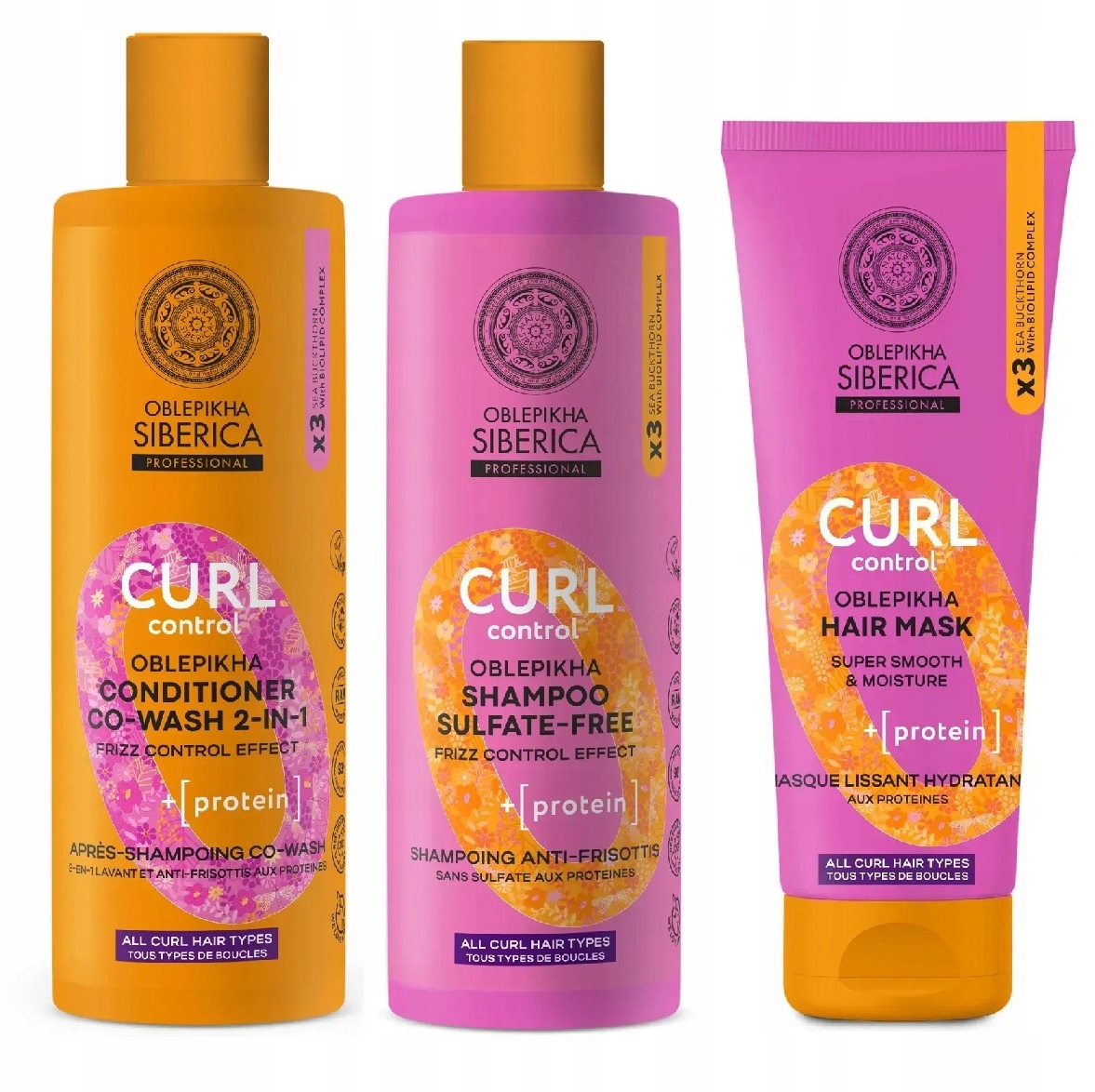 Oblepikha Curl Control — zestaw do włosów kręconych: szampon, odżywka i maska