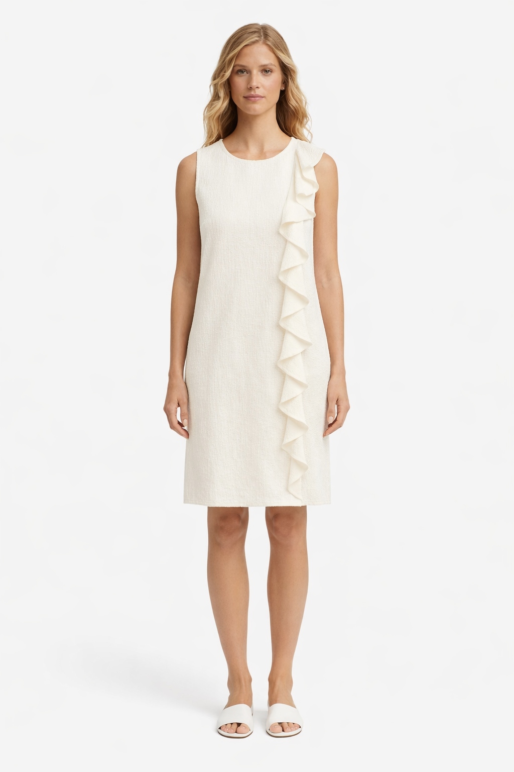 Krémové Šaty Jednoduché S Volánem Bez Rukávů, Velikost S 1I4A