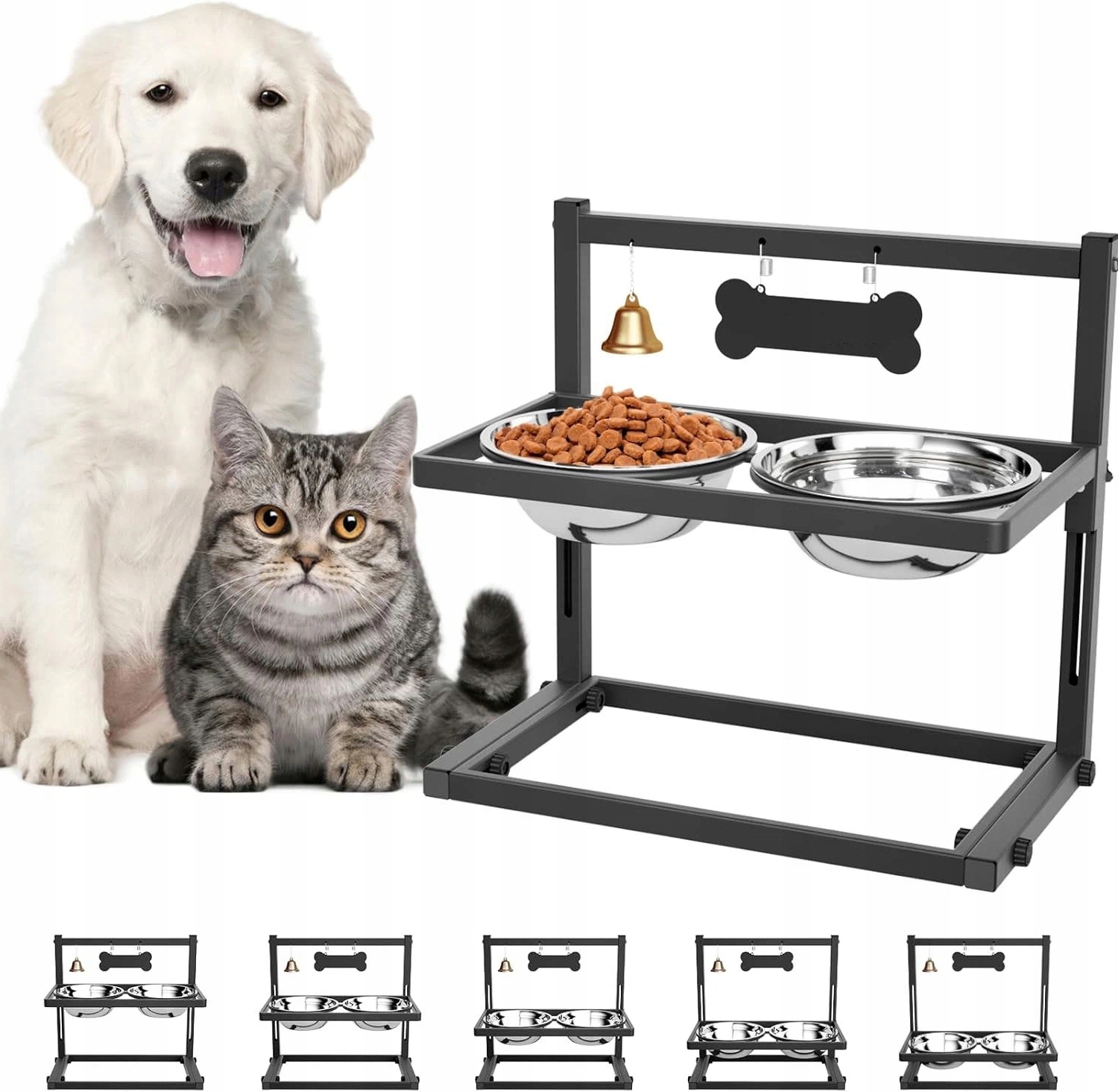 Levně Vyvýšené Misky Pro Psa S Nastavitelným 3ÚROVŇOVÝM Stojanem Z Uhlíkové Oceli