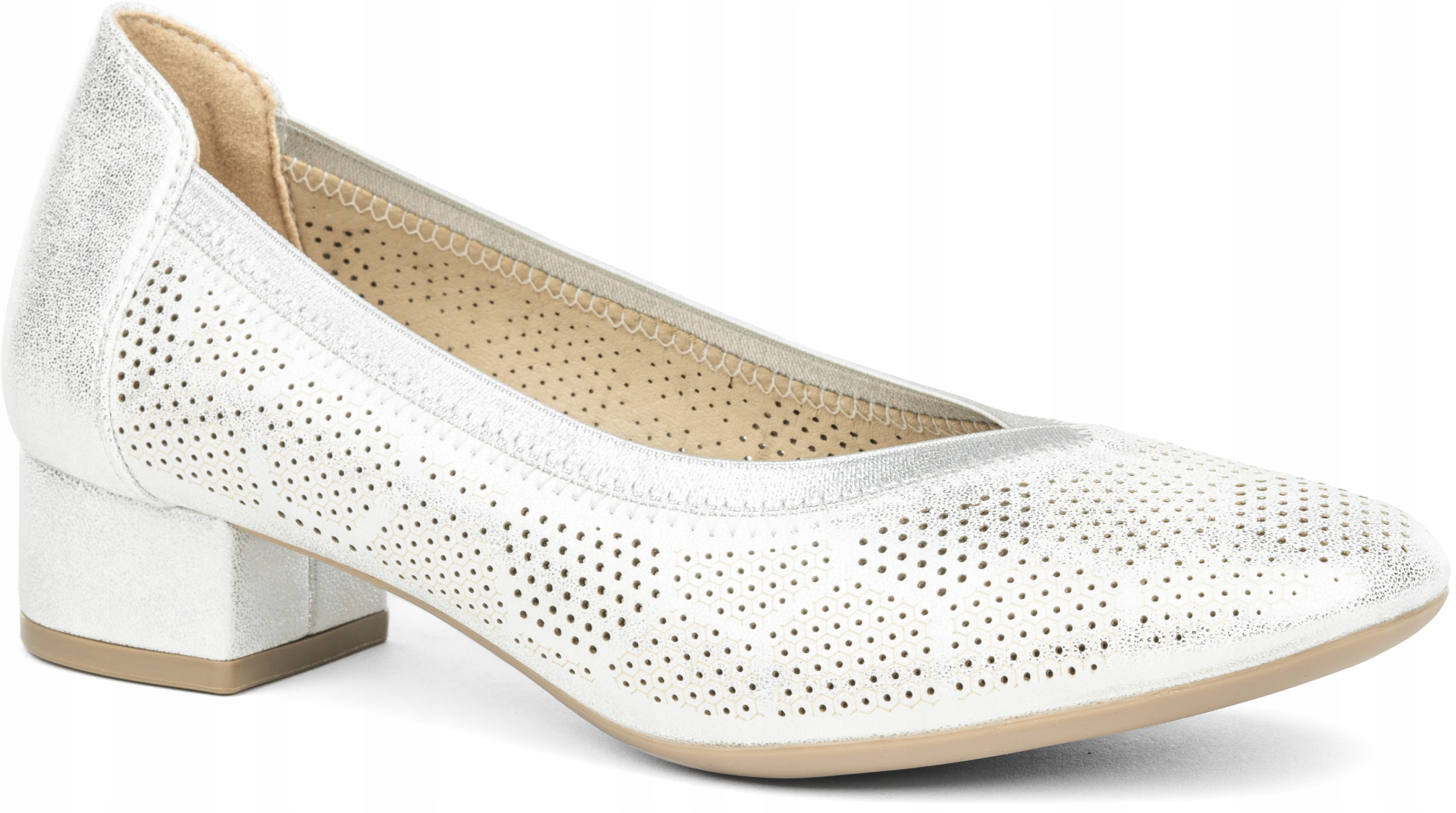 Ažurové lodičky vroubkované Kůže stříbrné bílé elegantní casual Wojtyłko 38