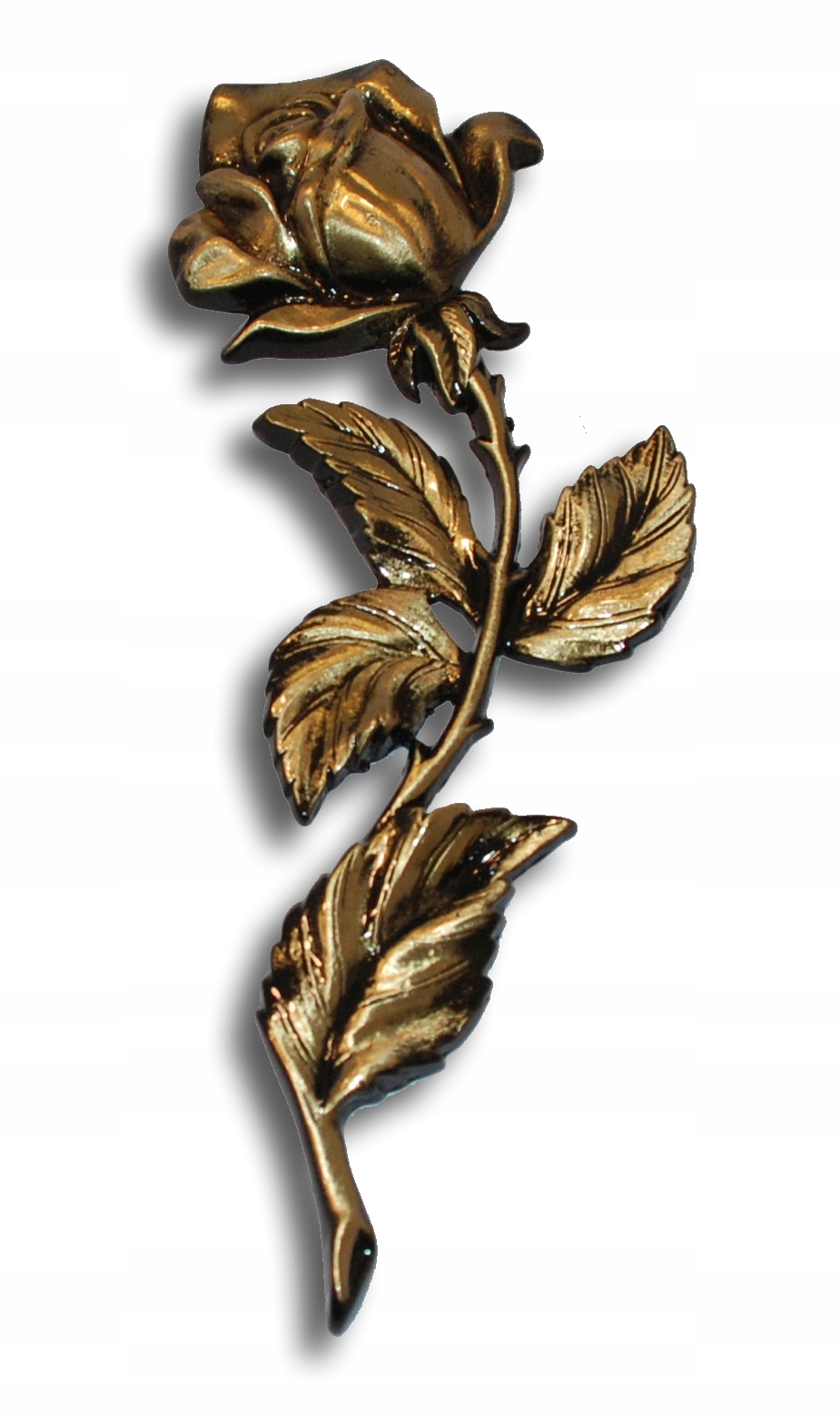 Růže ohnutá doleva, výška 24 cm, mosazný odlitek, přední strana žlutá, černěné boky