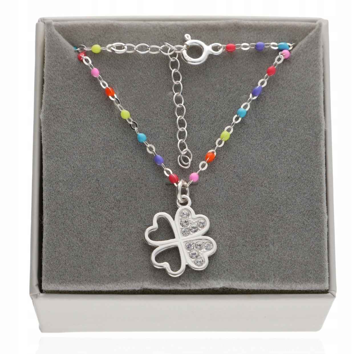 Stříbrný barevný náhrdelník s jetelem pro štěstí Multicolor 45 cm 925