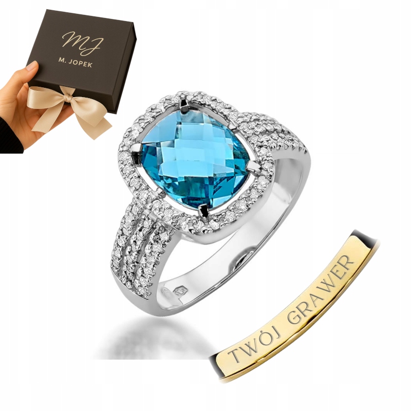 Prstýnek Bílé Zlato 585 S Topazem 3,00 ct S Diamanty Gravírování