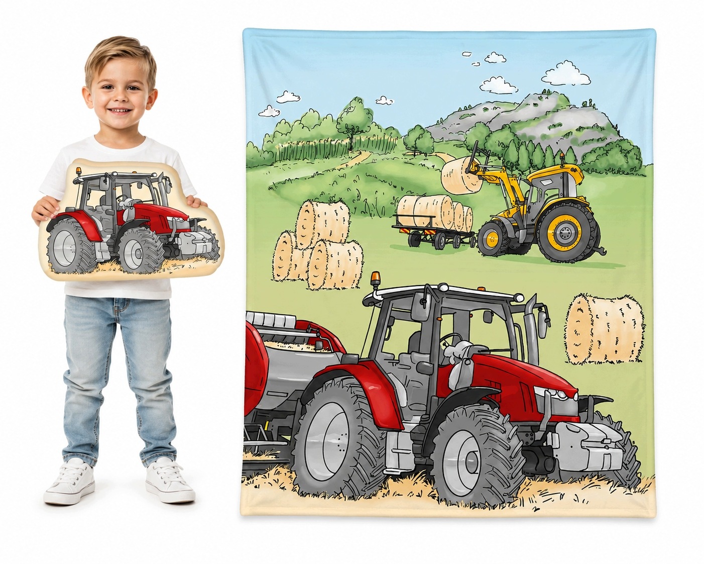 Koc Traktor duży polarowy kocyk Zestaw z Poduszką traktory do przedszkola