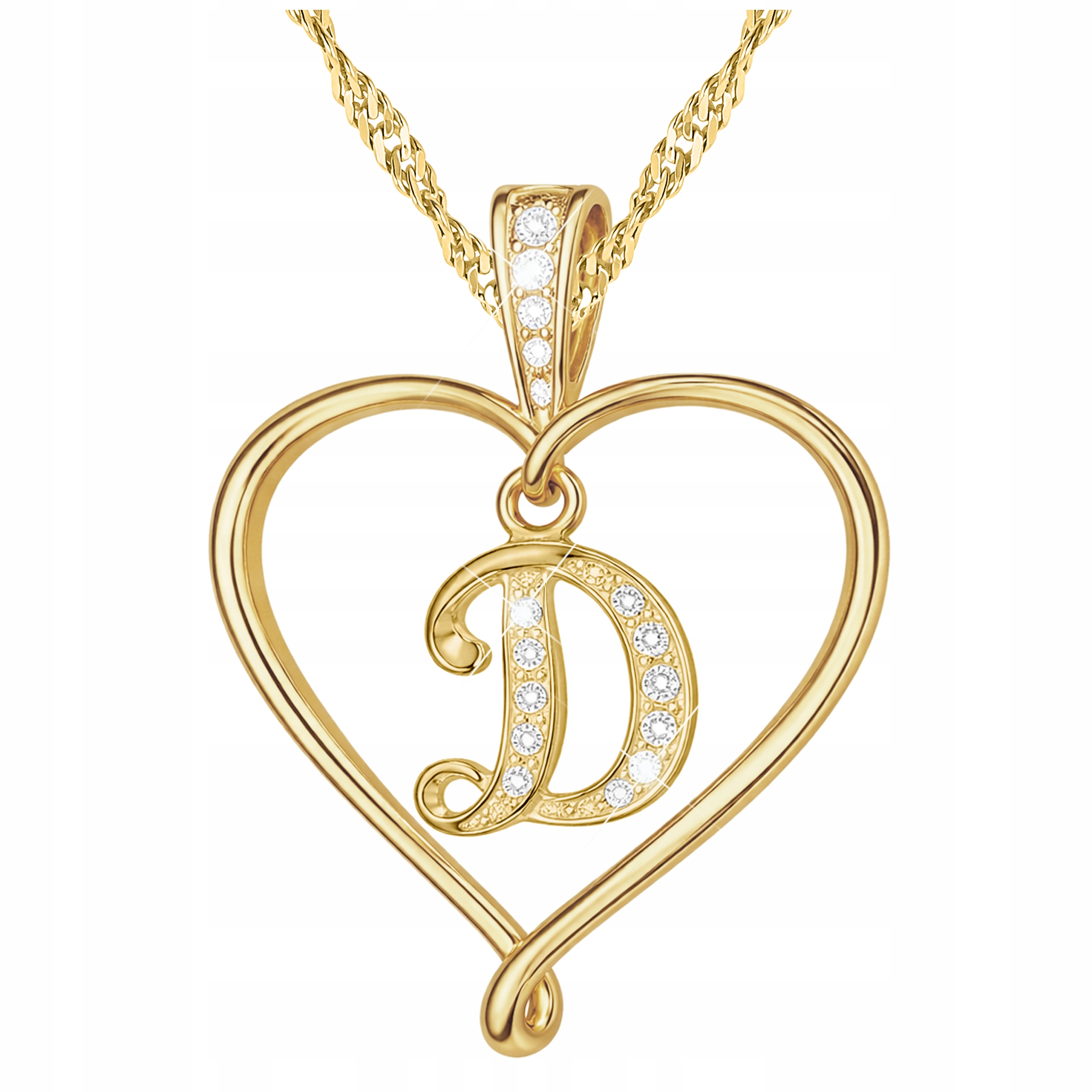 Zlatý náhrdelník Písmeno Iniciál D se srdcem Zirkonů Stříbro 925