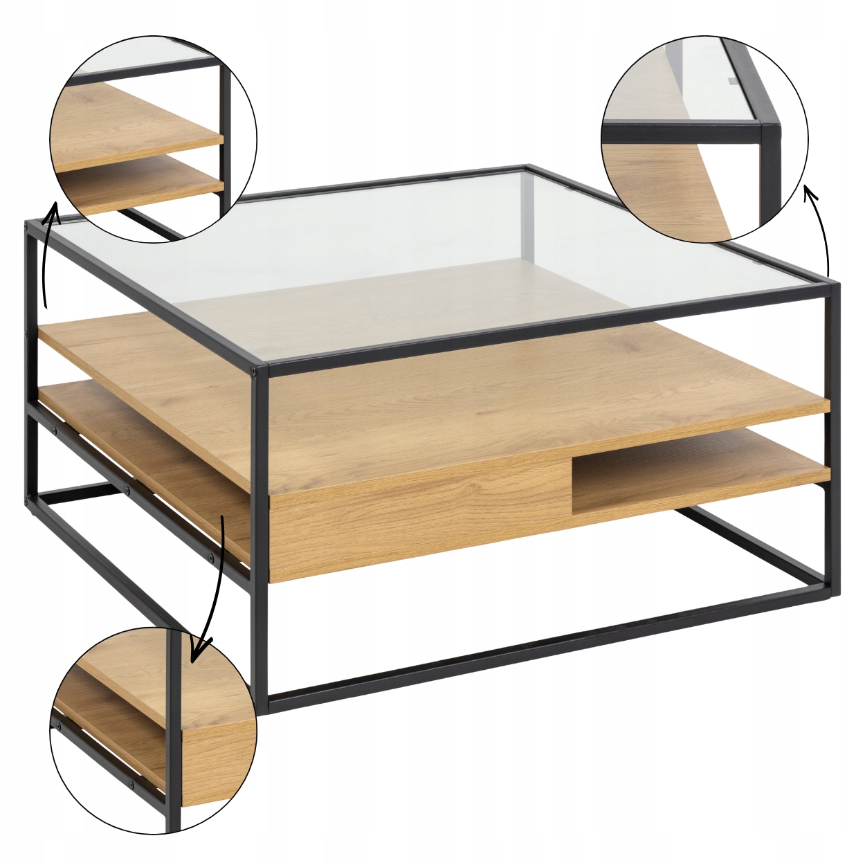 Kávový Stolek Randolf Se Skleněnou Deskou, čtvercový stůl do obývacího pokoje, loft