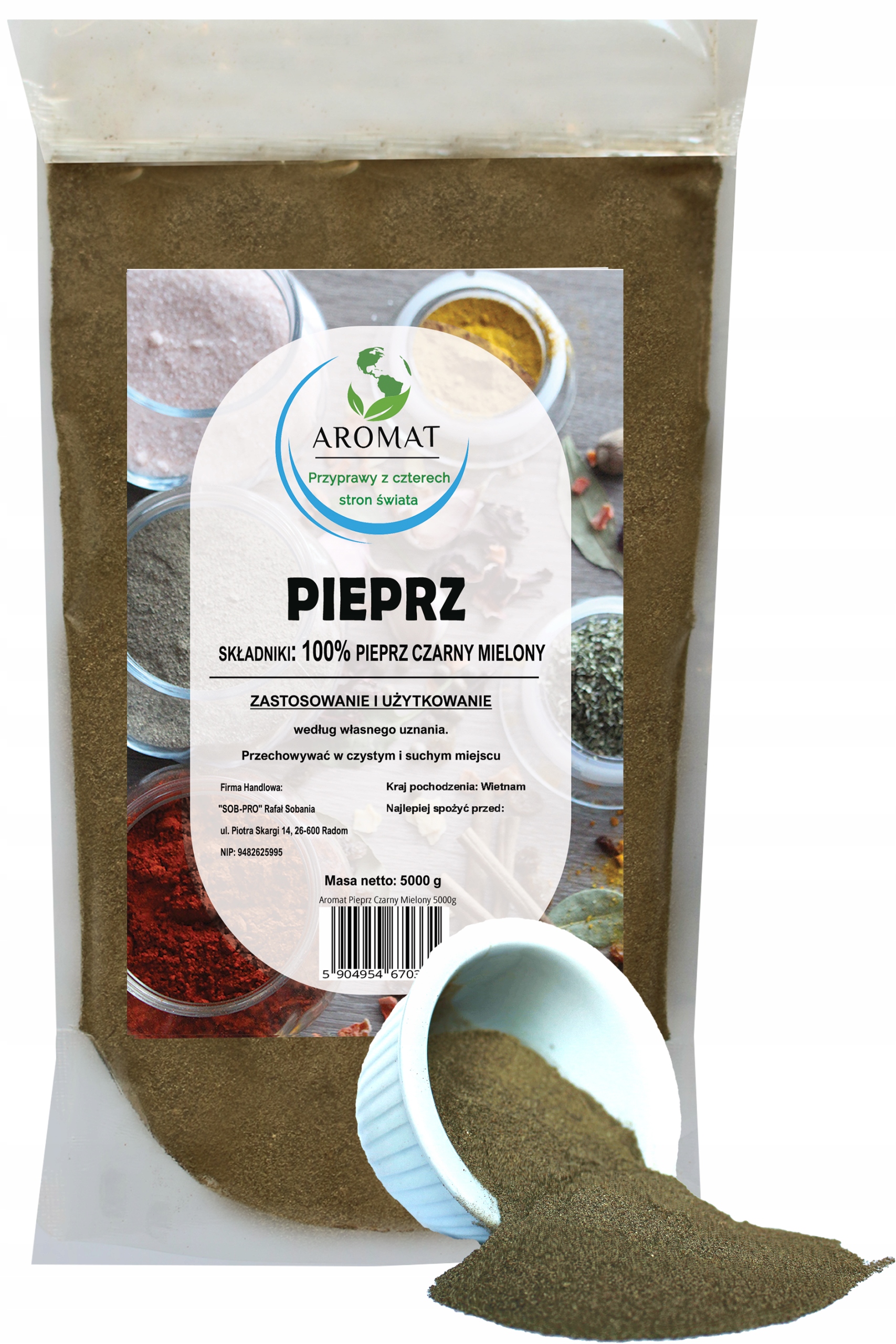 Levně Pepř Černý mletý 5000 g Přírodní 5 kg Aromat