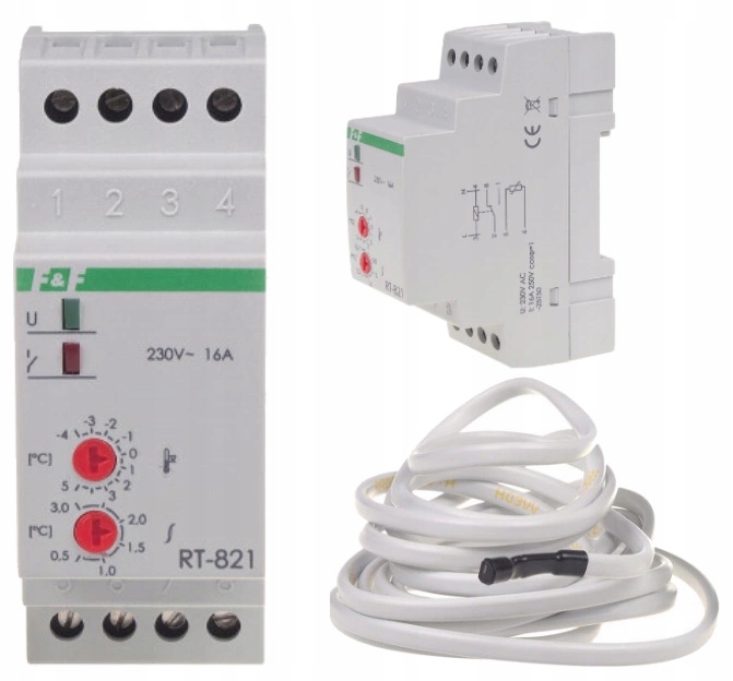 Regulátor teploty se sondou 230V 16A na lištu TH35 RT-821 F&f