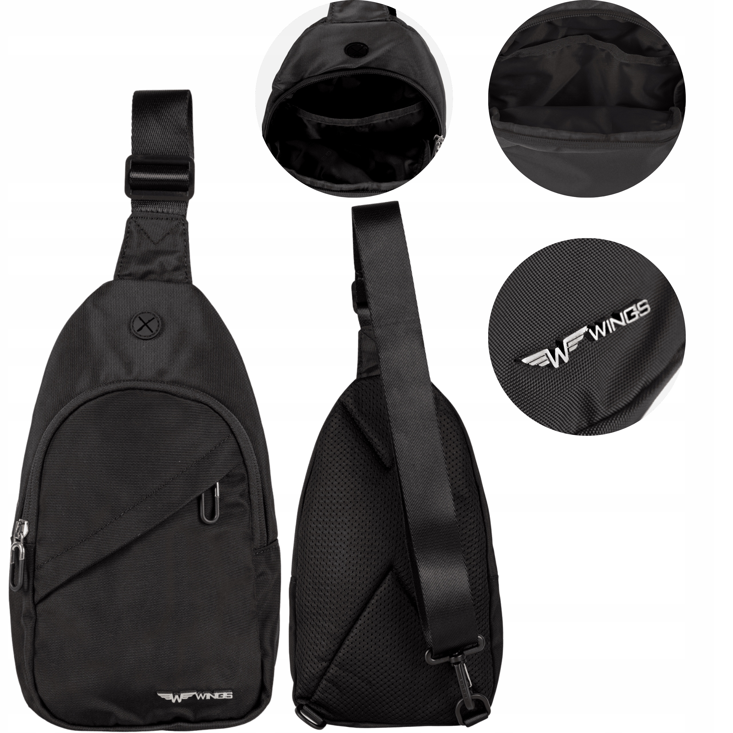 Nerka Crossbody plecak z Jedną Szelką sling bag Czarny pojemny Wings