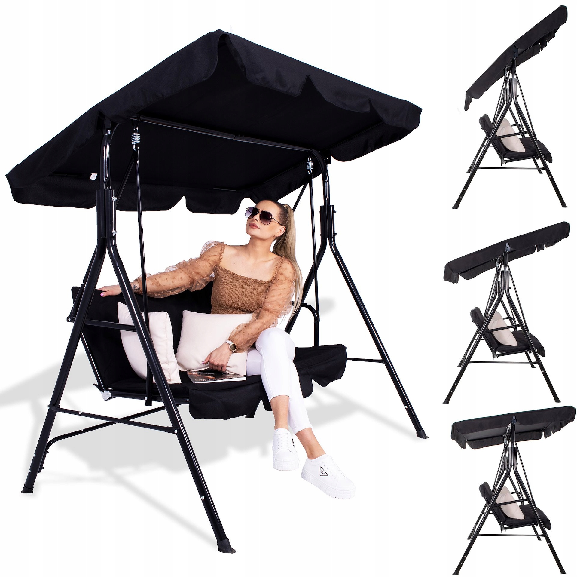Volně Stojící Zahradní Houpačka Pro 3 Osoby, Houpací Lavička, Černá, Pevná Stříška