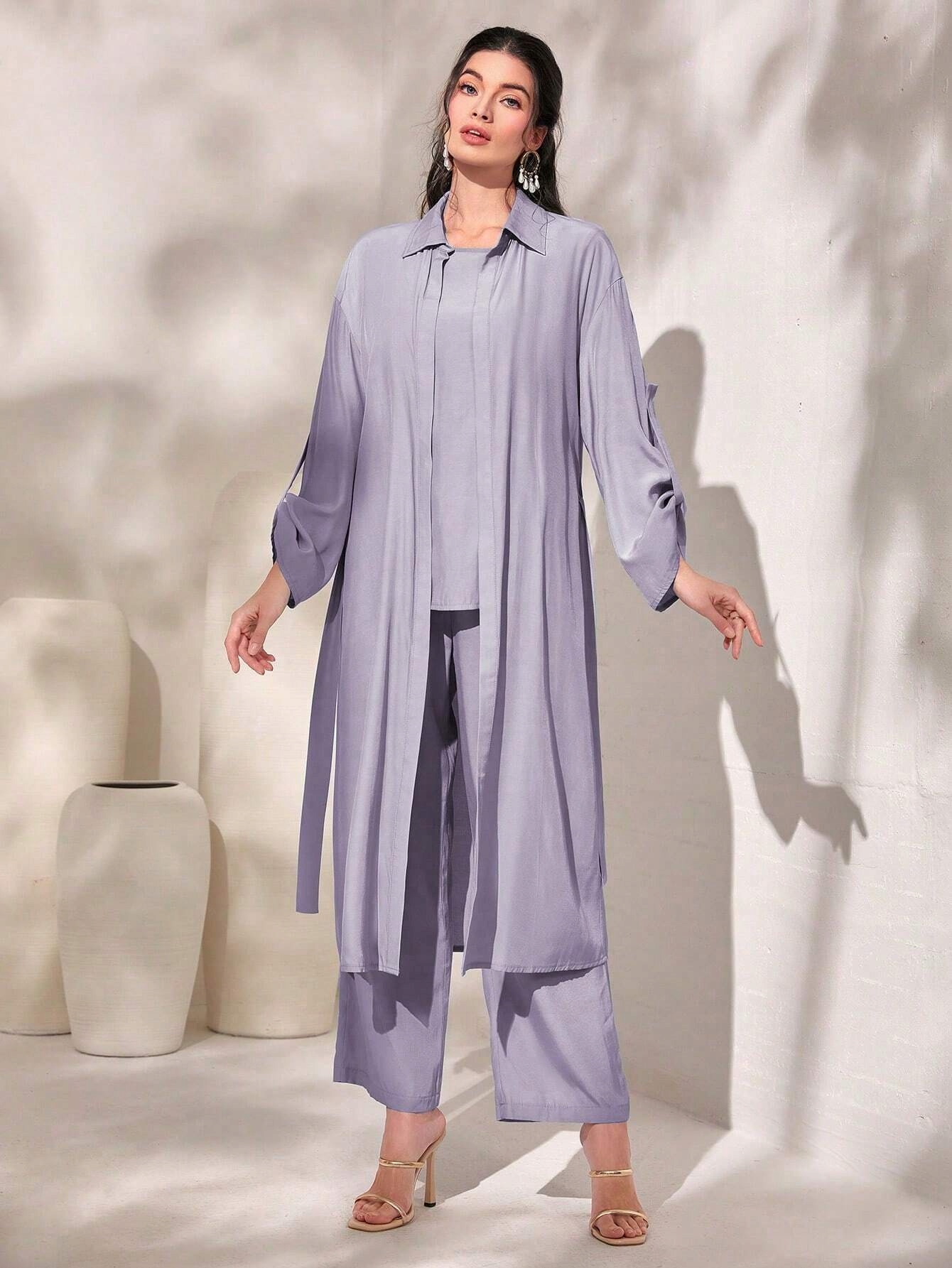 3-DÍLNÝ Komplet Tank Top, Kalhoty, Přehoz Vřesový Casual Shein, Velikost 40