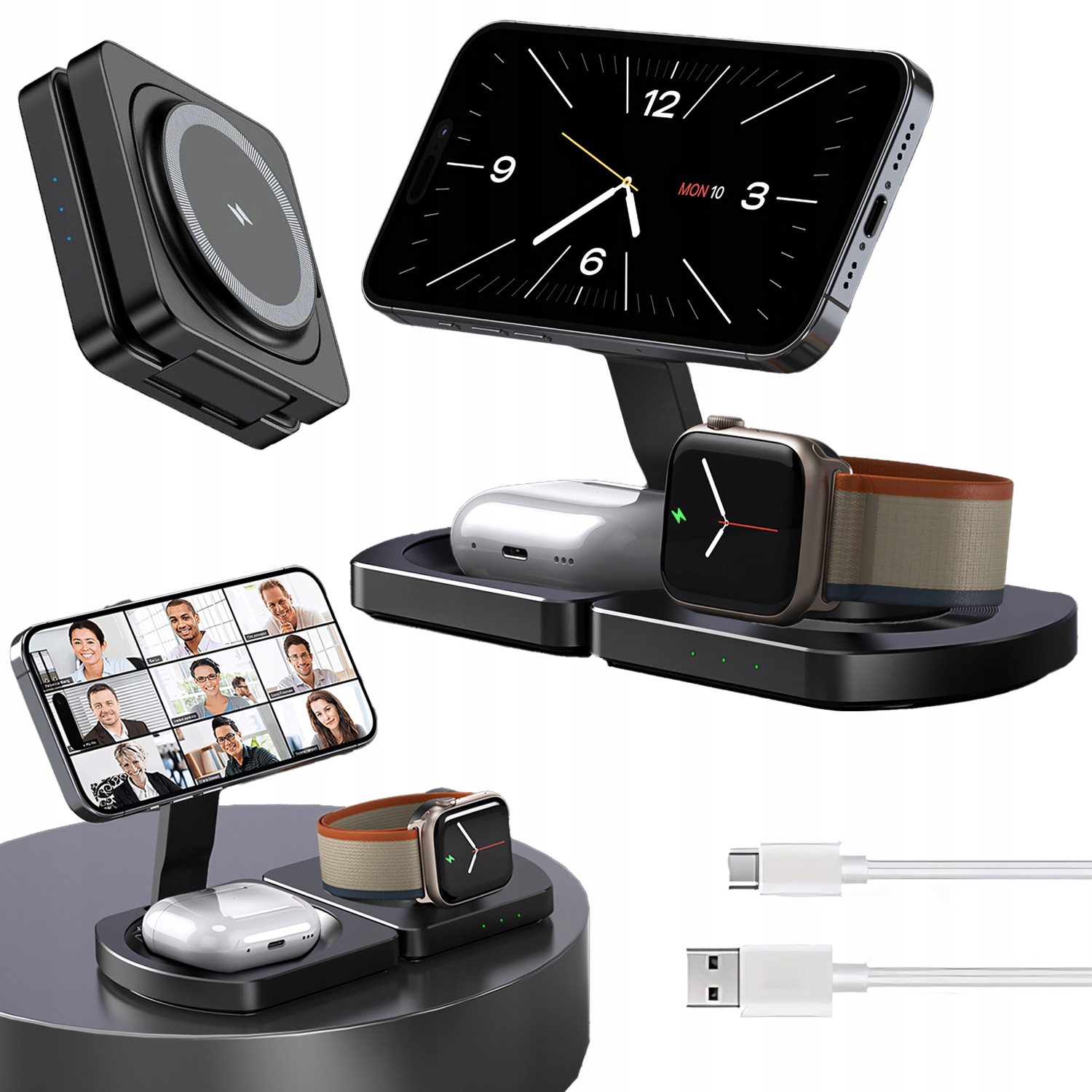 Mocna Ładowarka Indukcyjna Bezprzewodowa Do Apple 3w1 Magsafe 15W Usb C