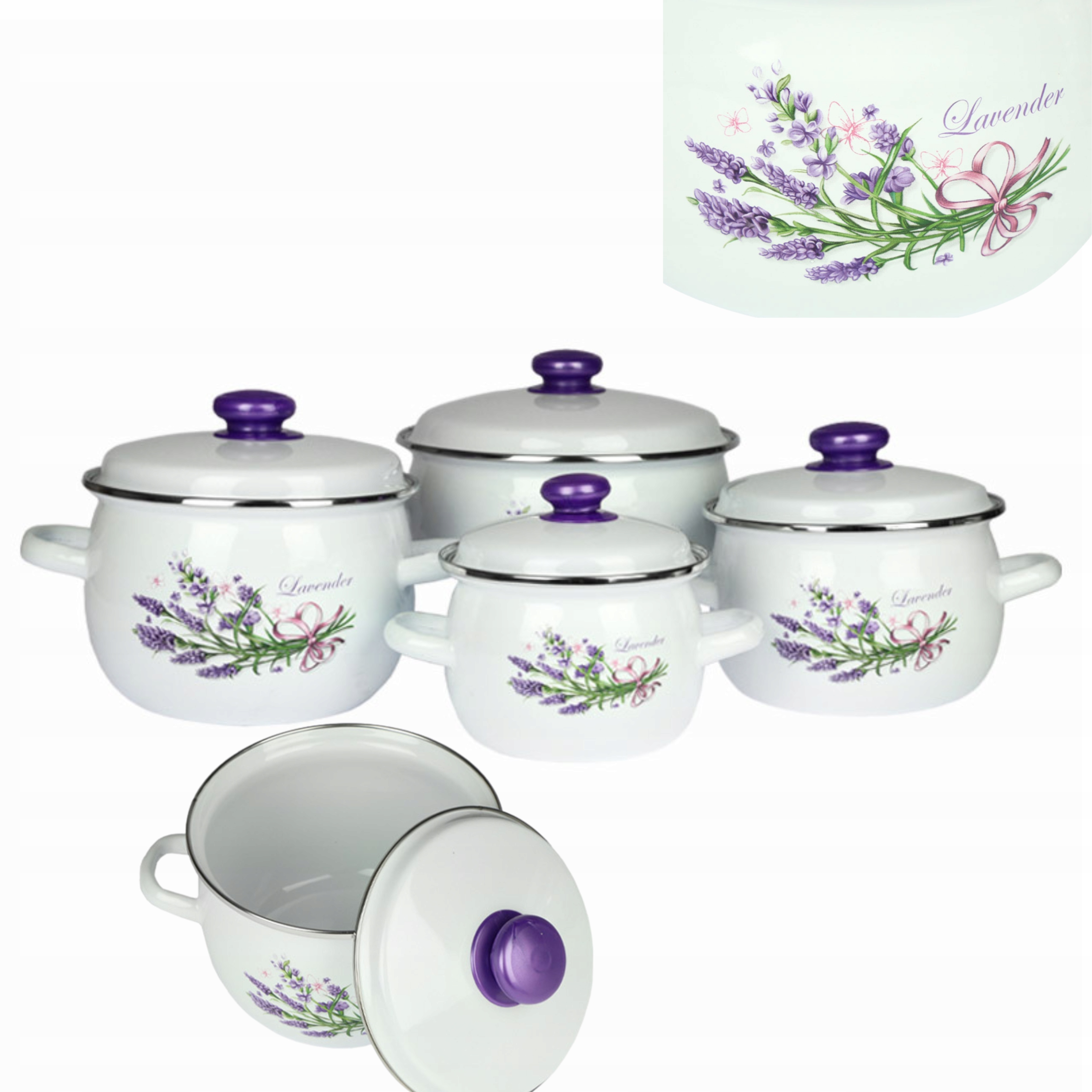 KOMPLET ZESTAW GARNKÓW EMALIOWANYCH 8-CZĘŚCI ZDOBIONY WZÓR LAWENDA INDUKCJ
