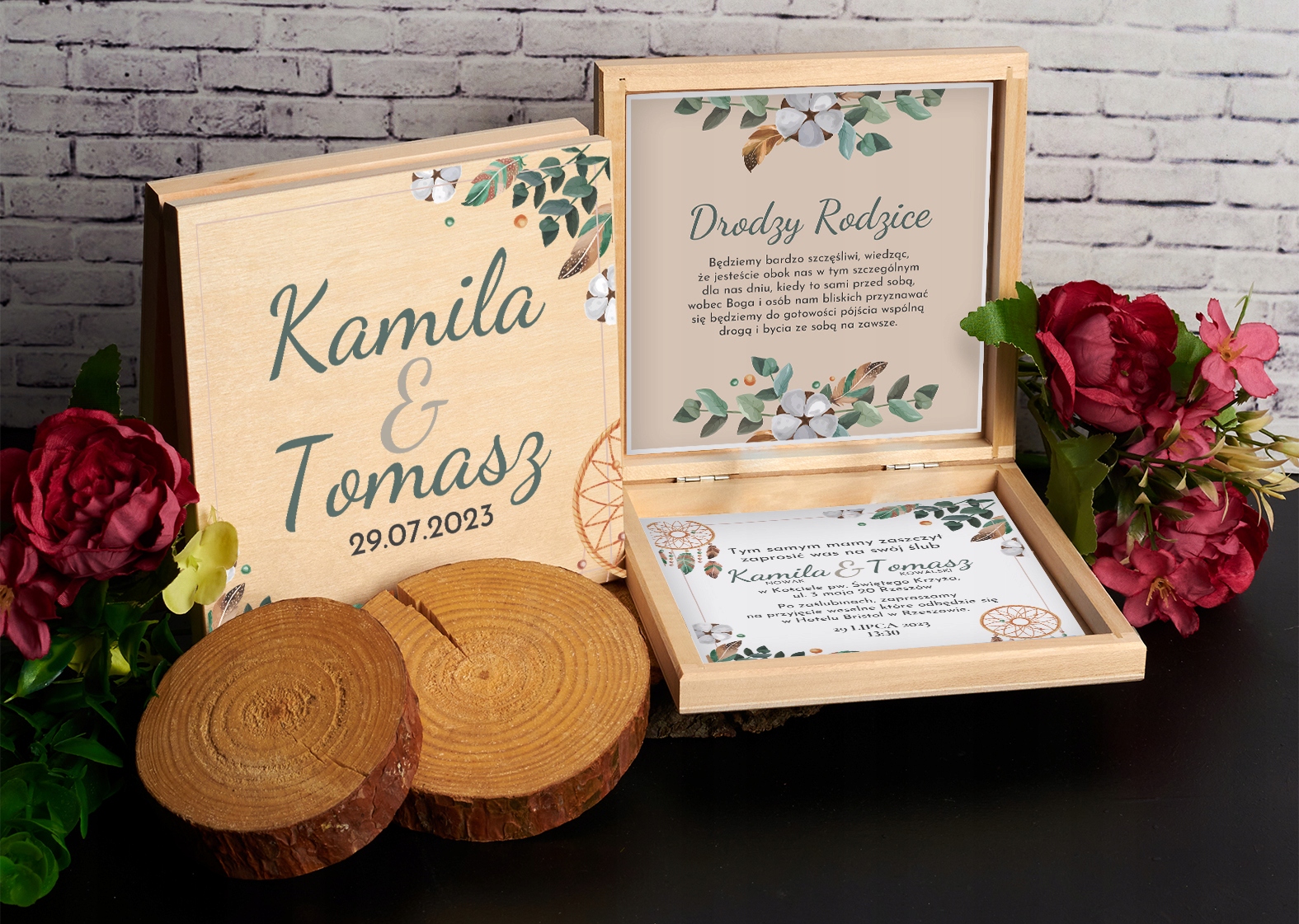 PUDEŁKO DREWNIANE ZAPROSZENIE DLA RODZICÓW NA ŚLUB WESELE BOHO Z2 Wysokość produktu 14.5 cm