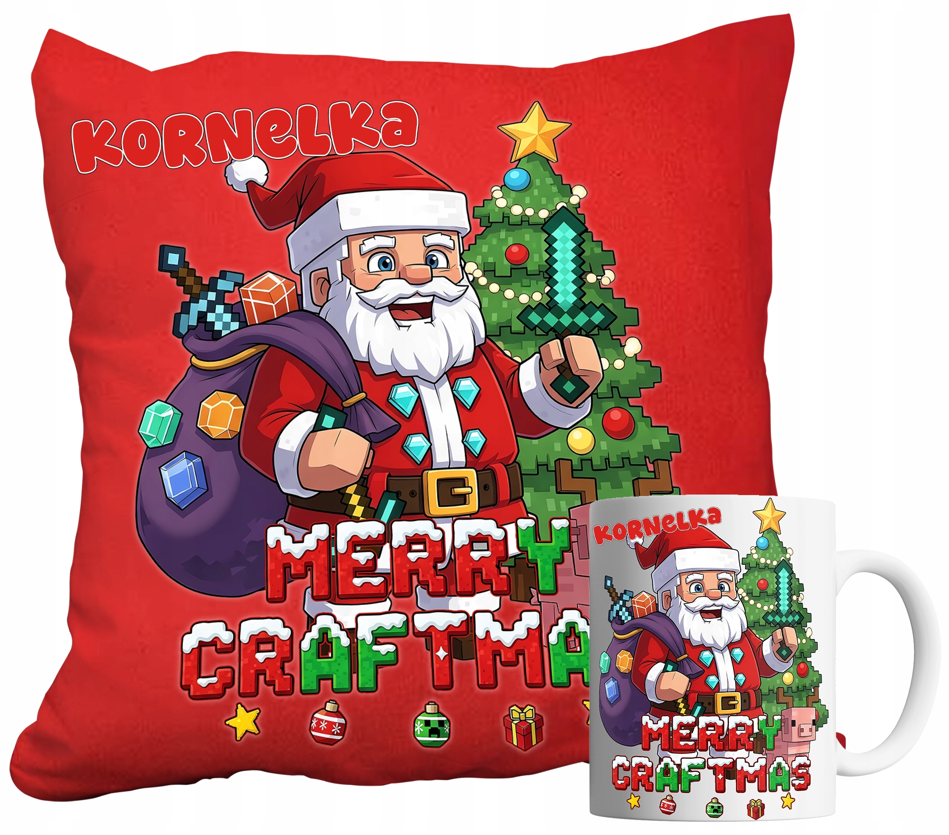 Sada Hrnek A Polštář Červená Pixely Vánoční Svátky Jméno