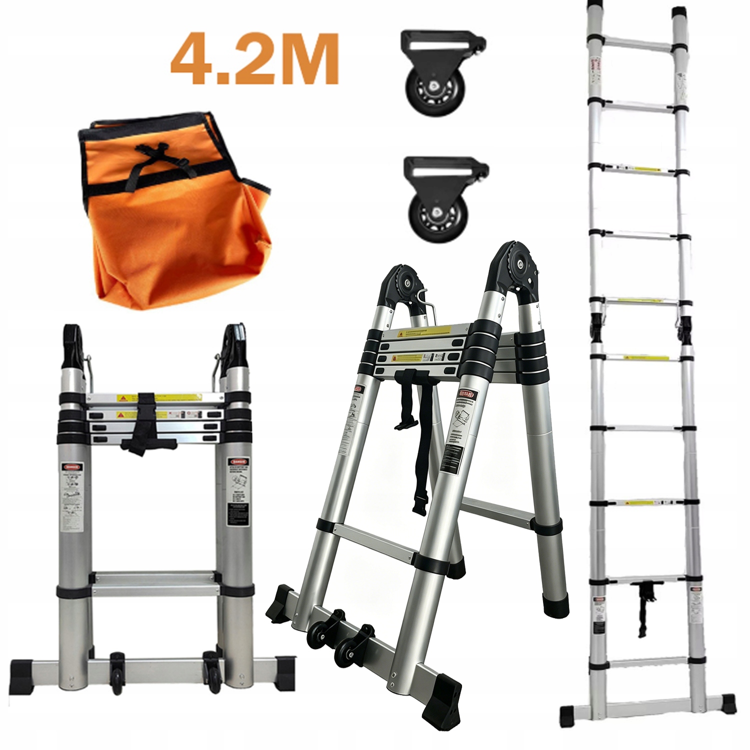 Hliníkový teleskopický rebrík 4,2 m, 2v1, nosnosť 150 kg s kolieskami