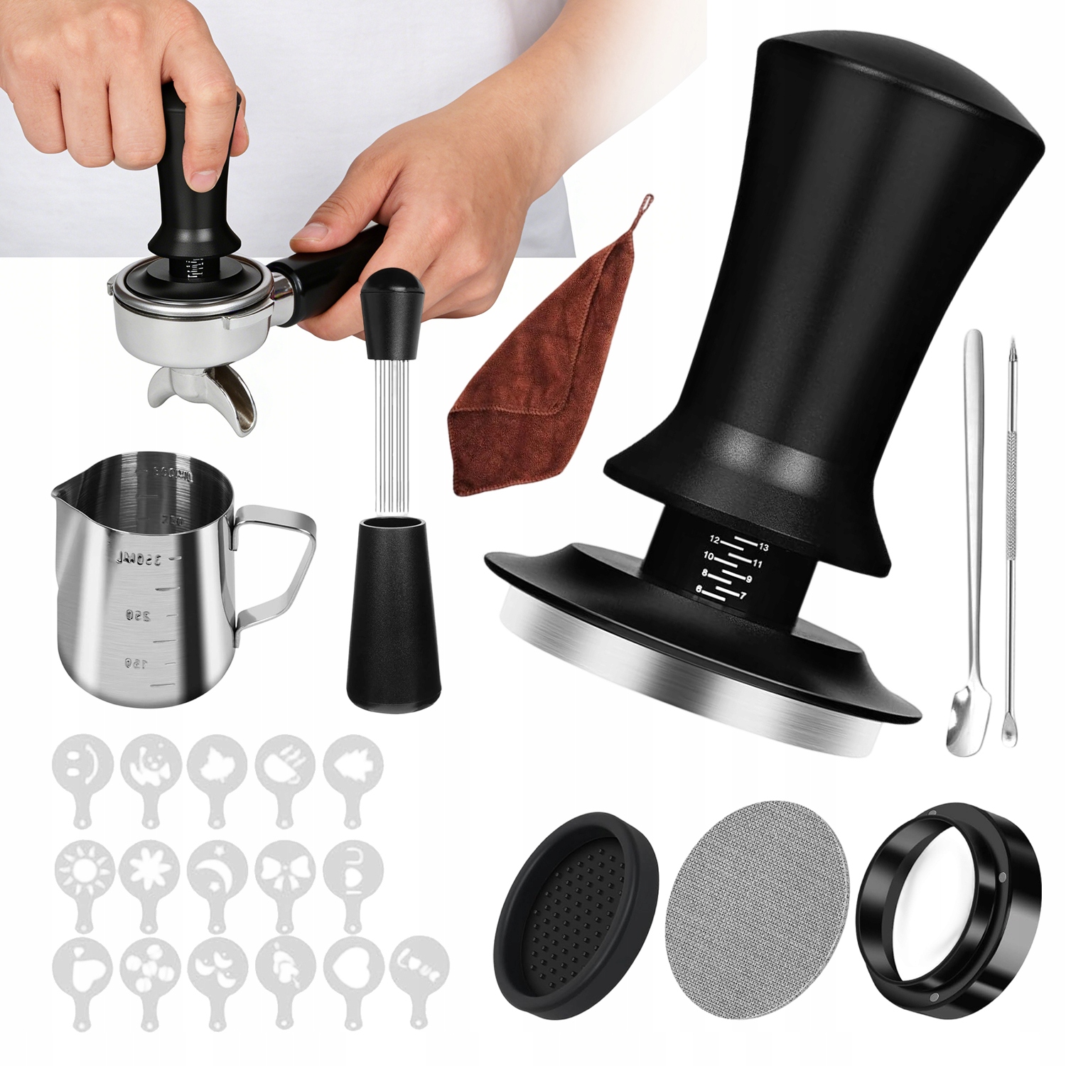 Levně Sada Příslušenství Pro Kávu Espresso 51 MM Tamper Džbán 350 ML 16 Šablon