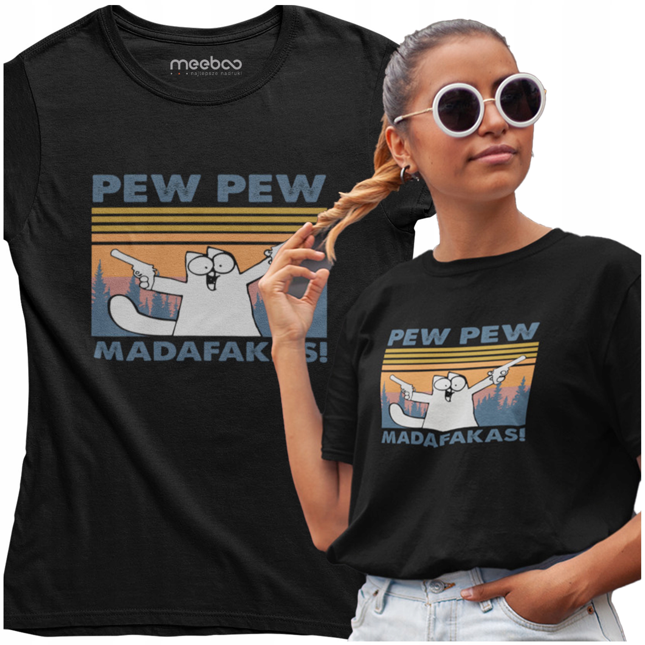 

Damska Koszulka Pew Pew Madafakas Z Kotem Śmieszna