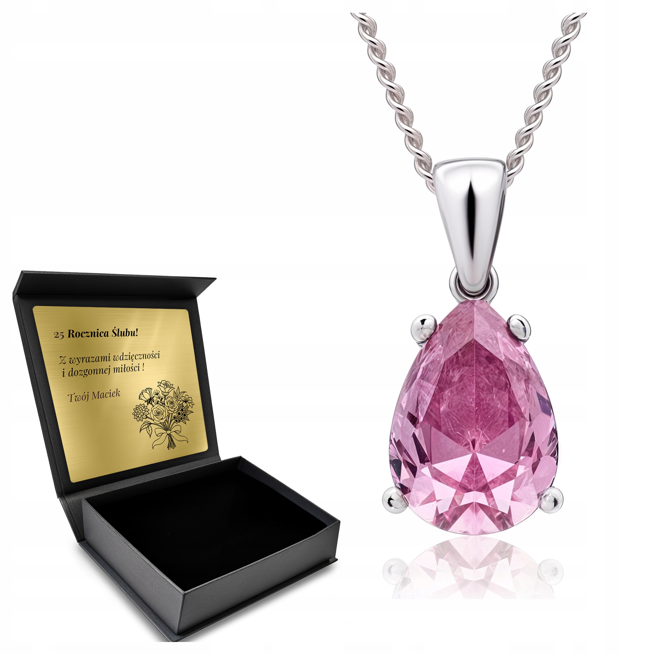 Stříbrný Náhrdelník 925 Růžový Topaz Dárek pro ženu Gravírování Bonus