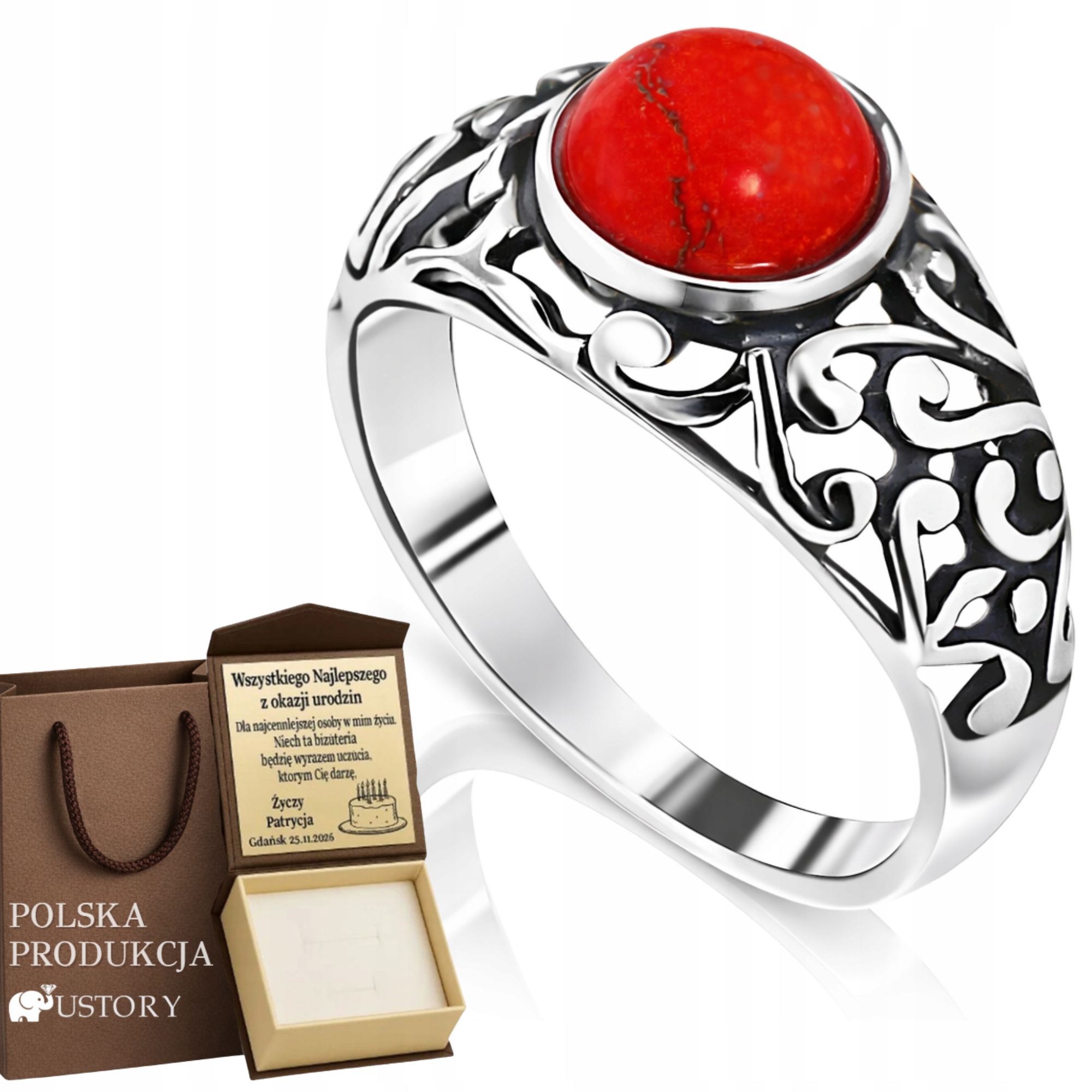 Srebrny Pierścionek Z Kamieniem Koral 925 Masywny Retro Oksydowany Energia