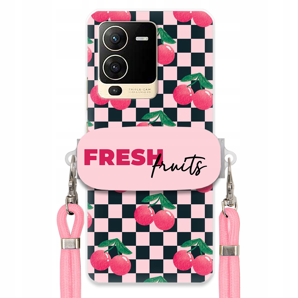 Puzdro pre Vivo S15 5G Vodítko Pink Crossbody Držiak Šachovnica Fresh Fruits