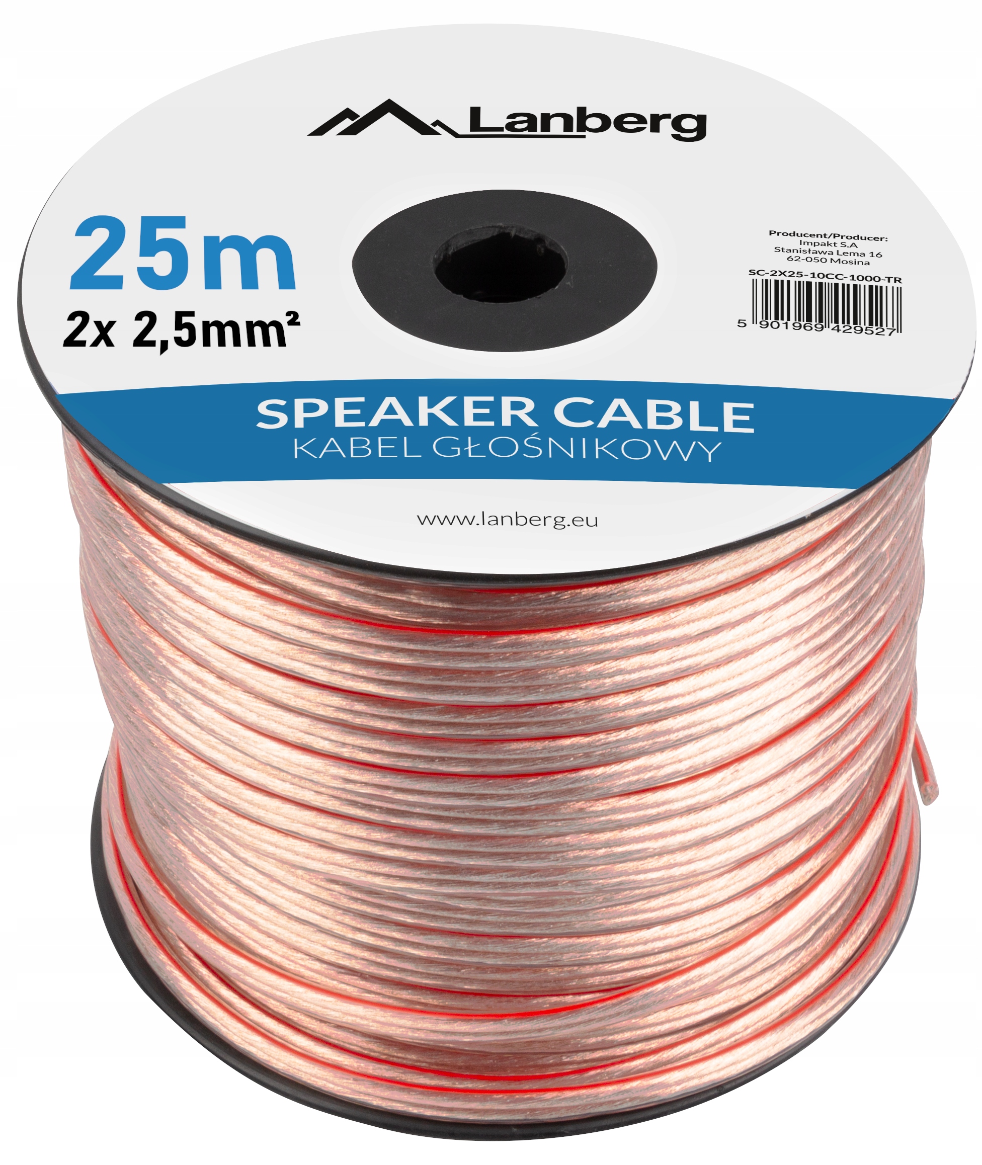 KABEL PRZEWÓD GŁOŚNIKOWY DWUŻYŁOWY AUDIO HQ OFC CCA 2x2,5MM 25M LANBERG Długość kabla 25 m