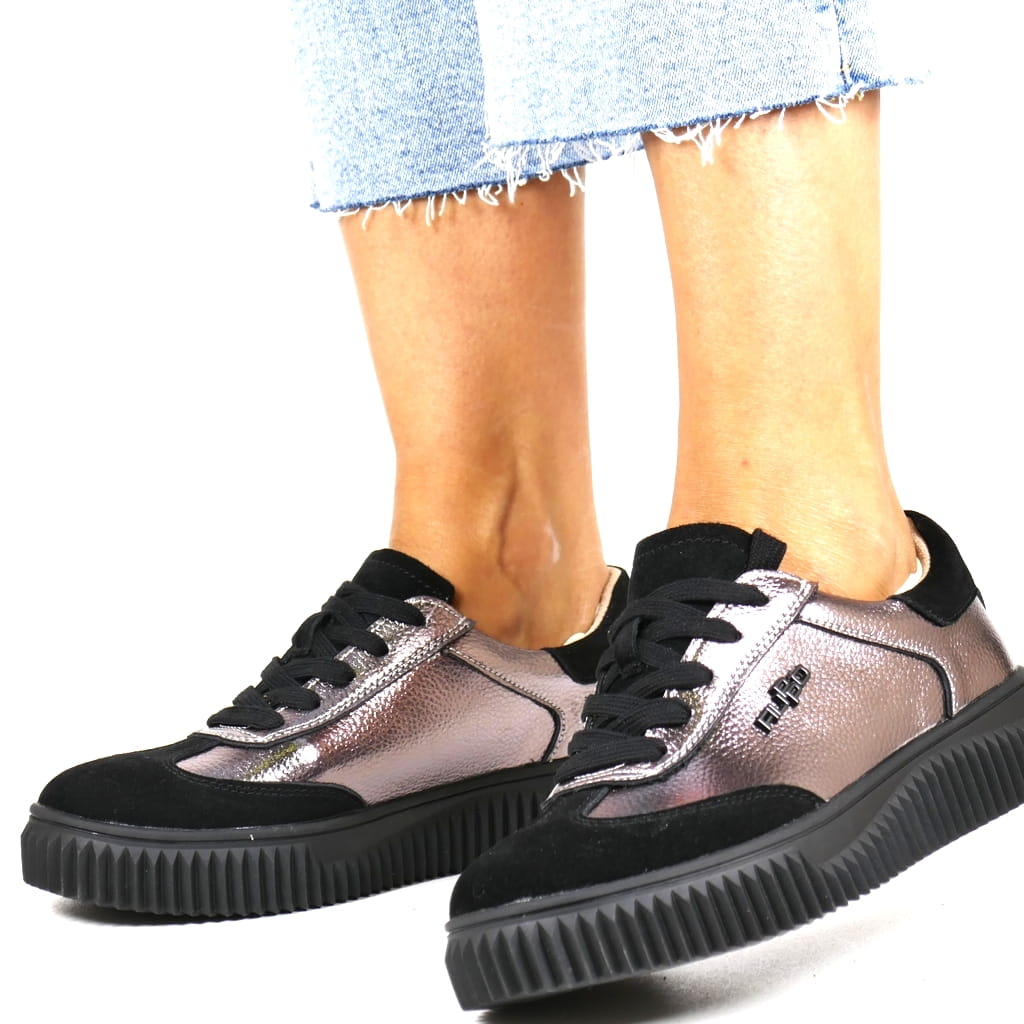 Metalické Platinové Zlaté Dámské Tenisky Polobotky Z Kůže, Módní Tenisky