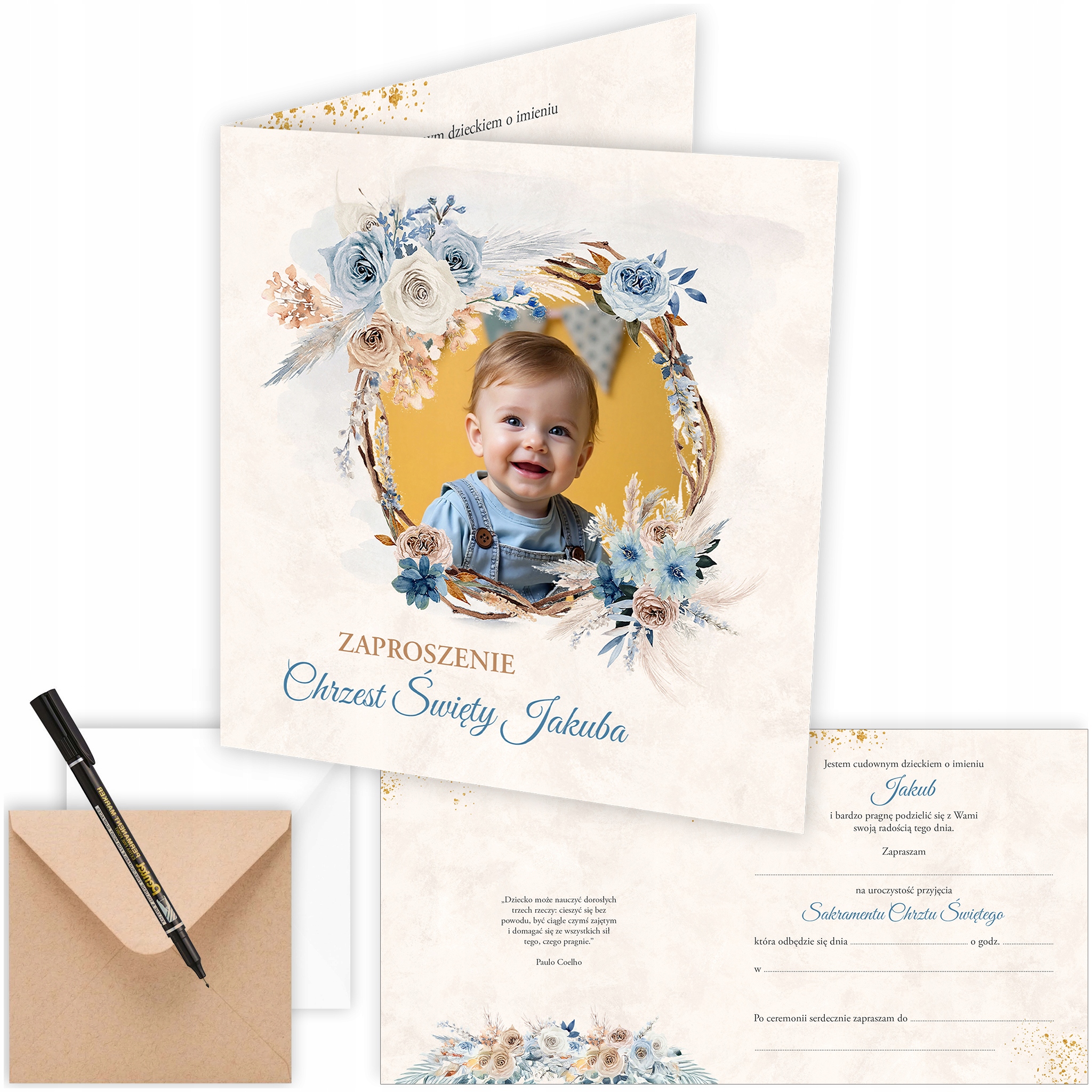 ZAPROSZENIA NA CHRZEST PERSONALIZOWANE DLA CHŁOPCZYKA ZE ZDJĘCIEM L001