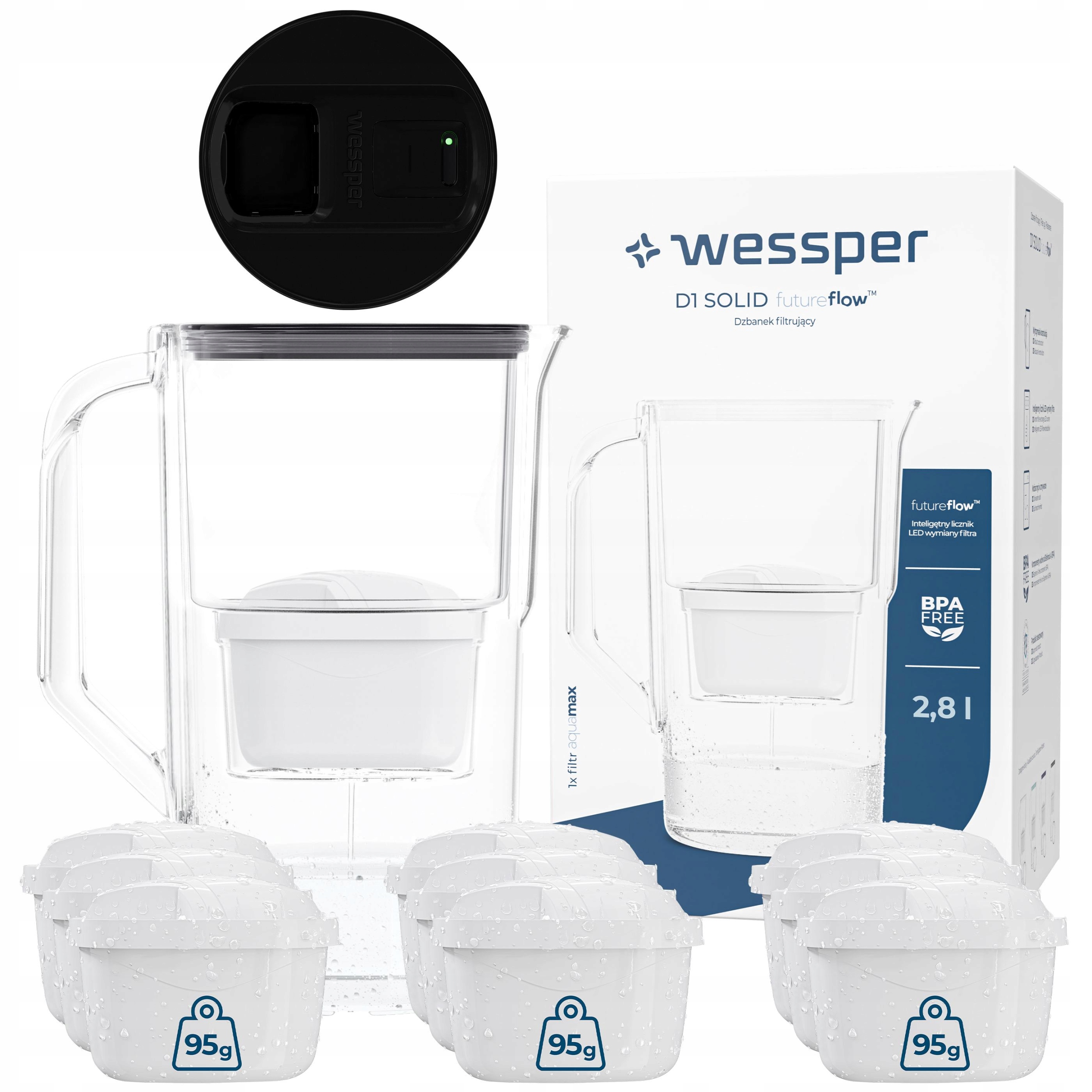 Plastová filtrační konvice Wessper D1 Solid 2,8 l Led 10 x vodní filtr