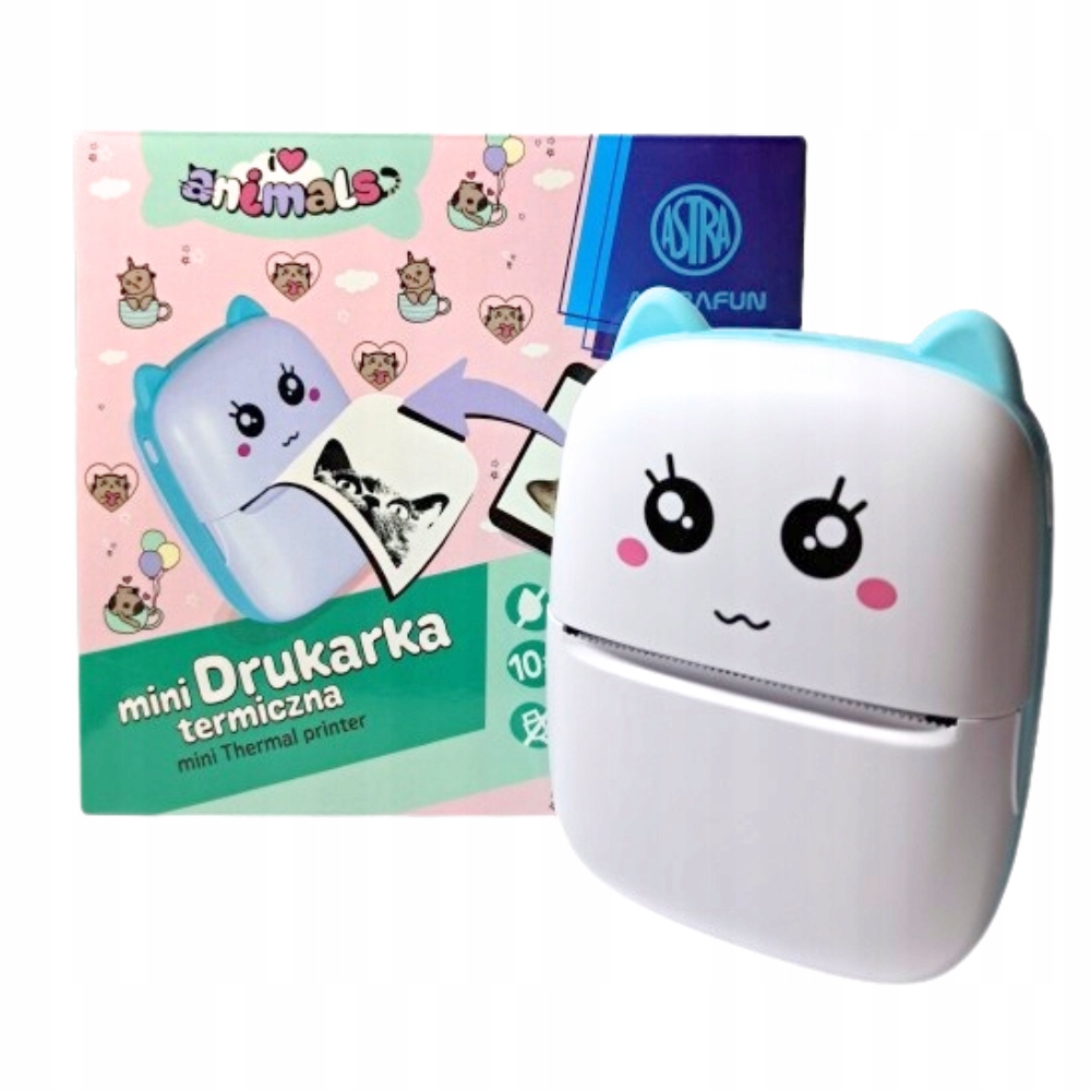 Mini drukarka termiczna niebieska AstraFun Animals 10 rolek papieru Astra